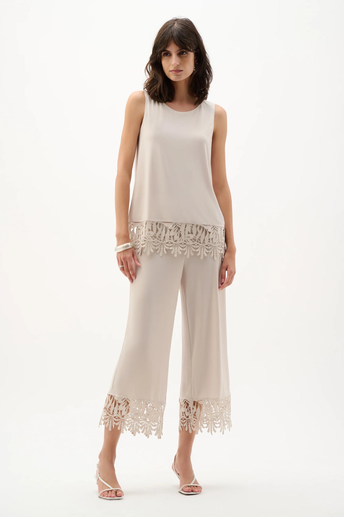 Joseph Ribkoff Moonstone Silky Knit Culotte Pants With Guipure Lace Hem