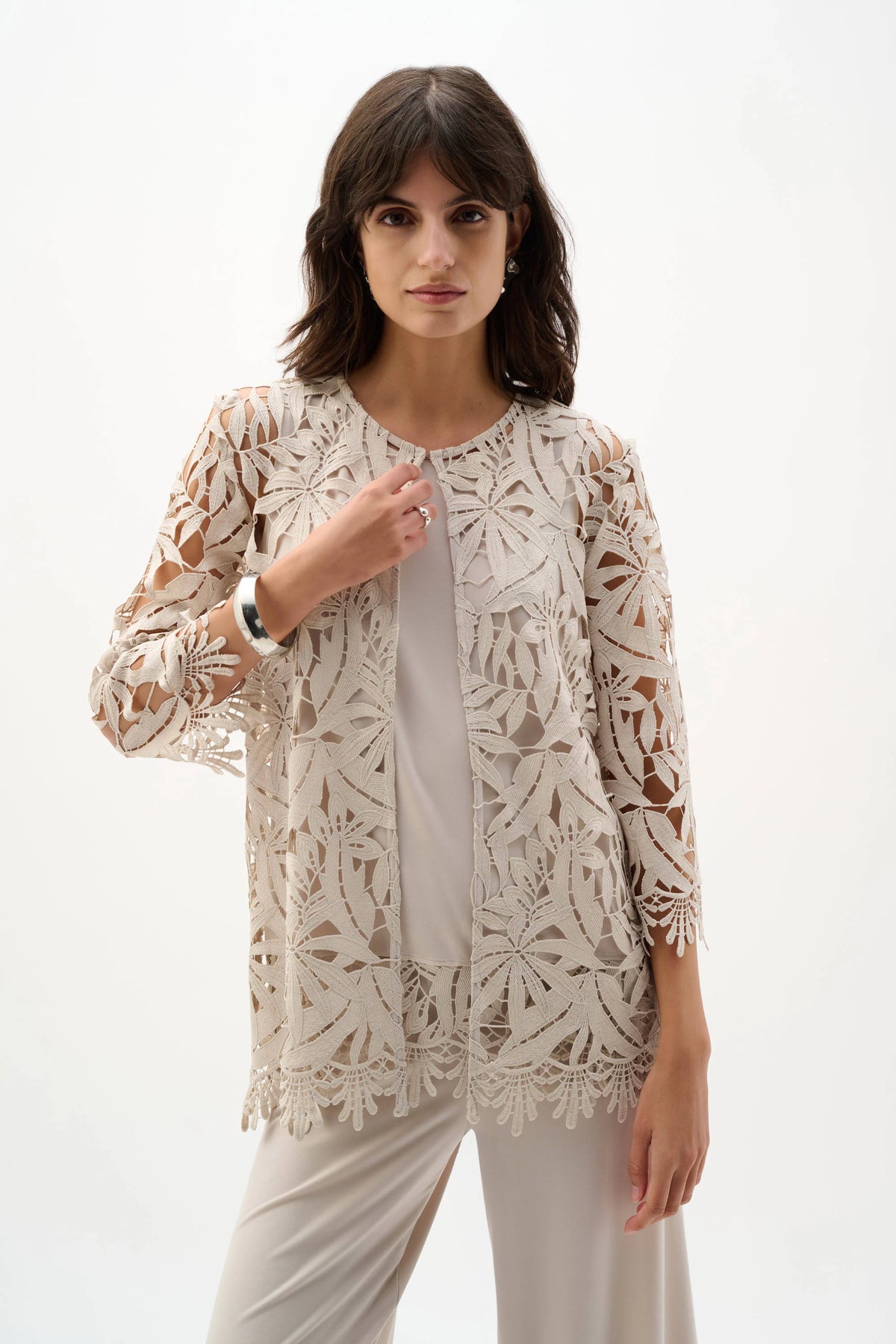 Joseph Ribkoff Moonstone Silky Knit Sleeveless Top With Guipure Lace Hem