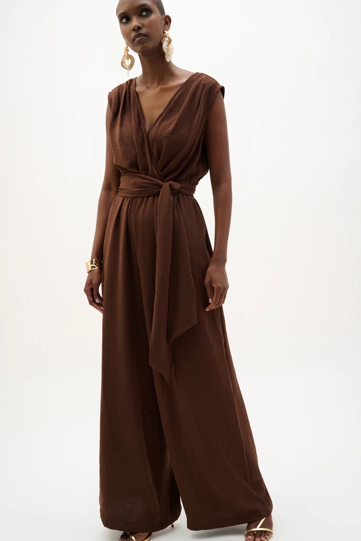 Joseph Ribkoff Mahogany Woven Gauze Wide Leg Pull-On Jumpsuit