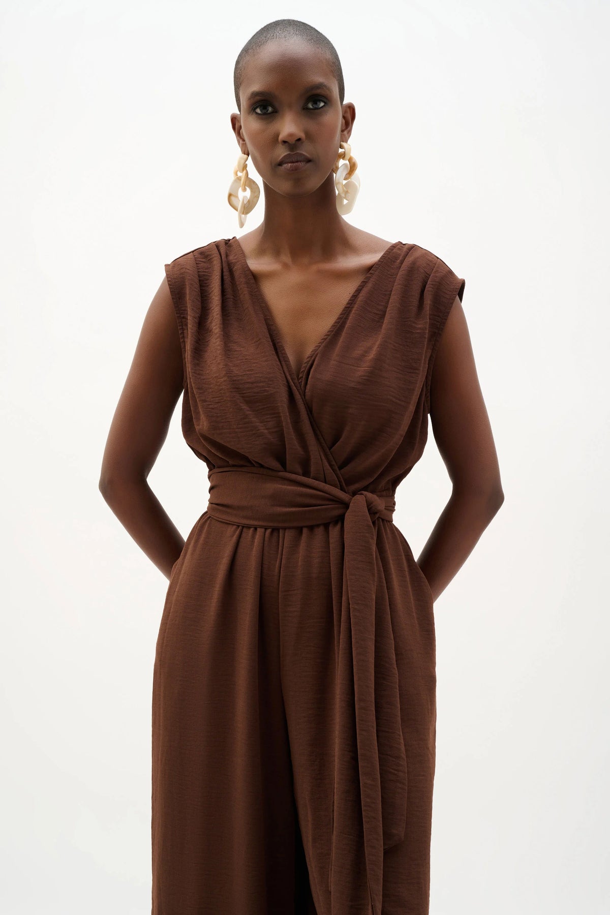Joseph Ribkoff Mahogany Woven Gauze Wide Leg Pull-On Jumpsuit