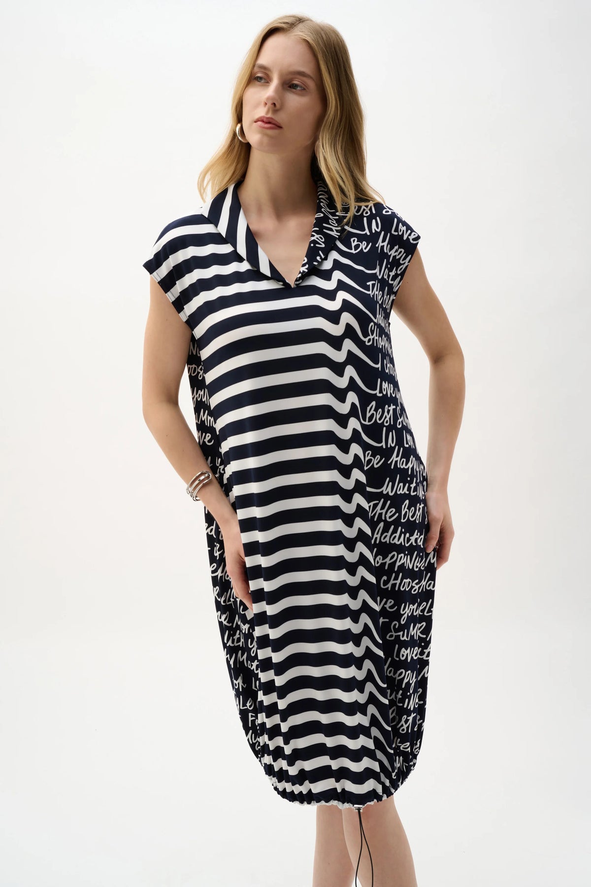 Joseph Ribkoff Midnight Blue/Vanilla Silky Knit Conversational Print Cocoon Dress