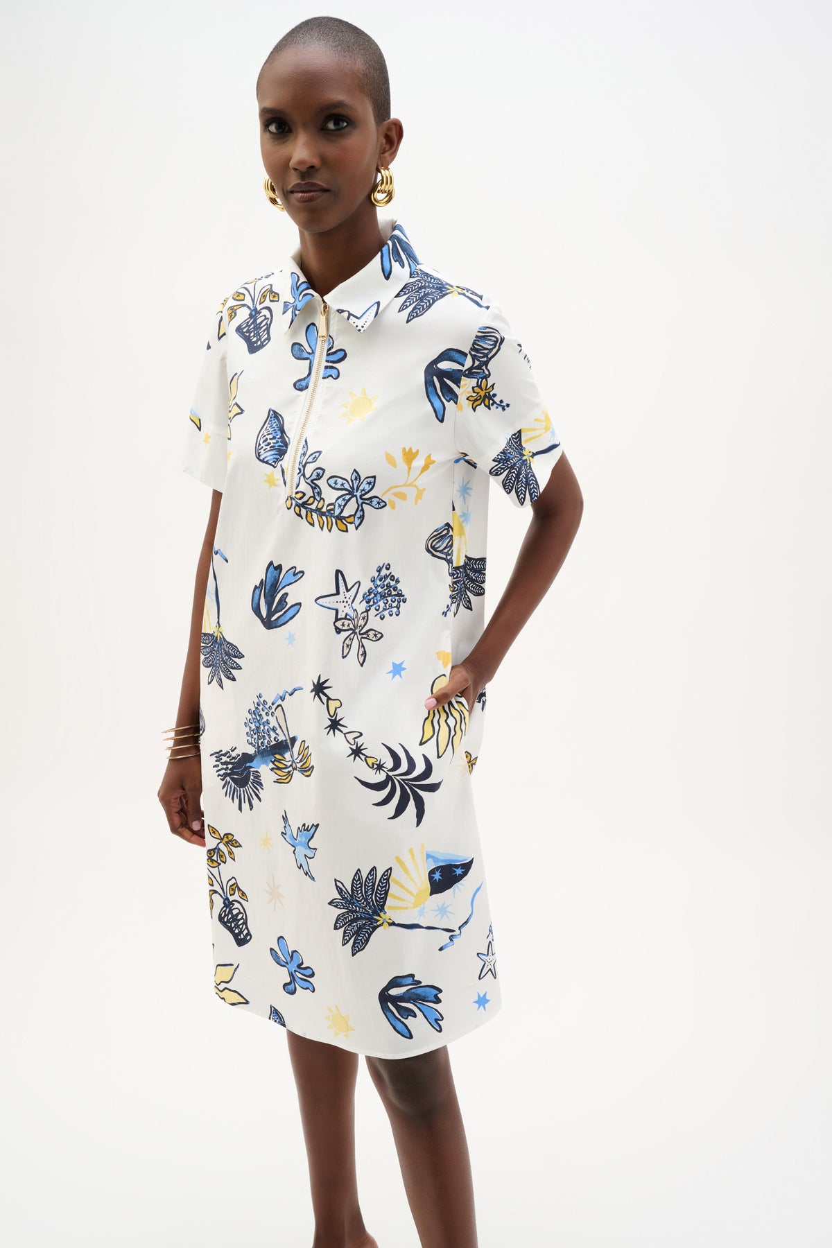 Joseph Ribkoff Vanilla/Multi Stretch Cotton Tropical Print A-Line Dress