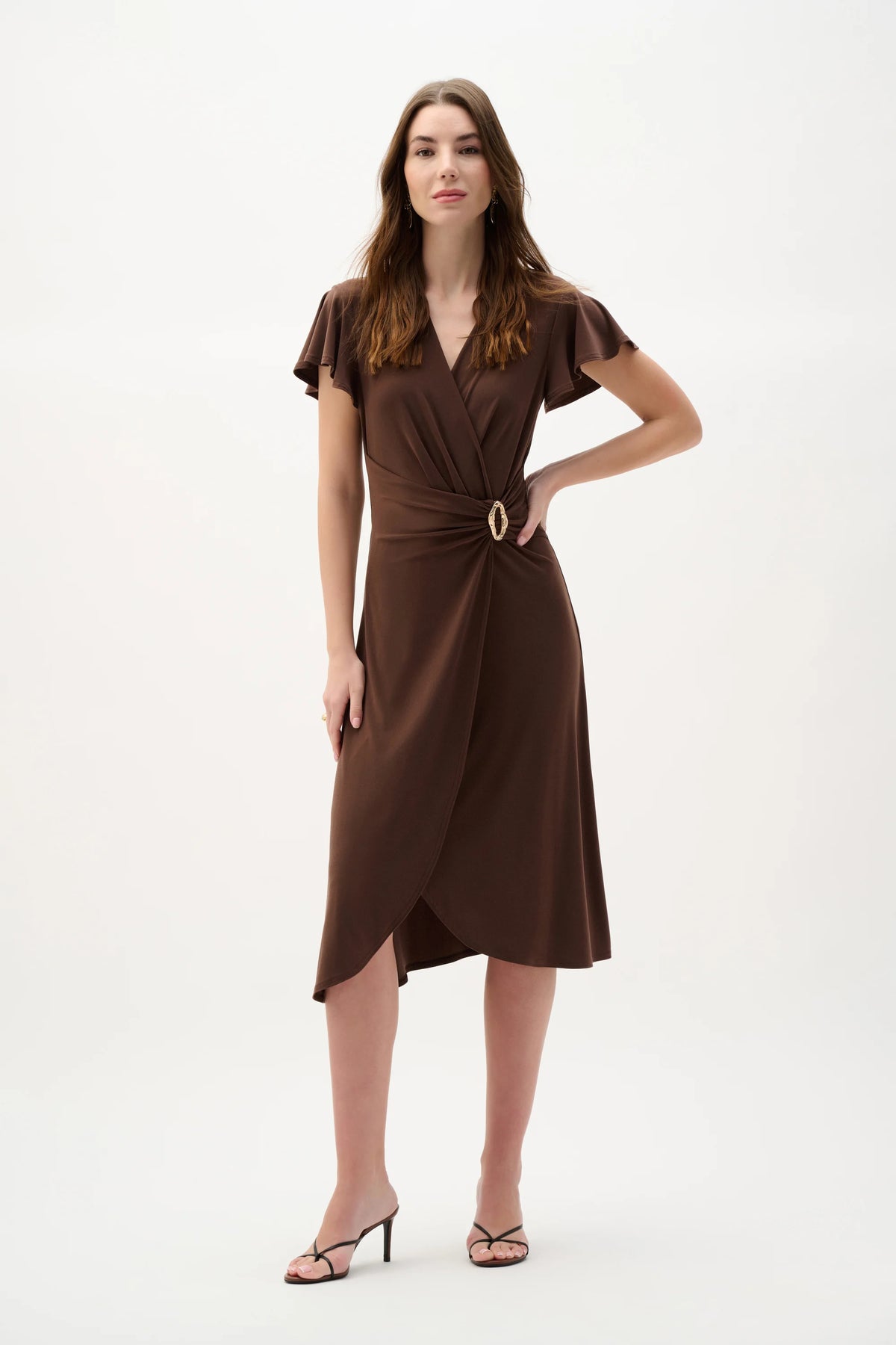 Joseph Ribkoff Mahogany Silky Knit Wrap Dress With Ruffled Sleeves