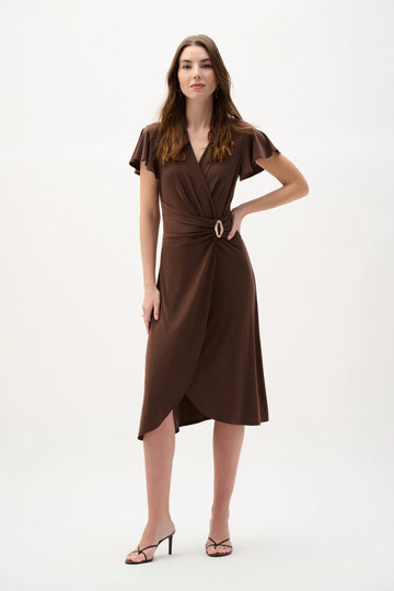 Joseph Ribkoff Mahogany Silky Knit Wrap Dress With Ruffled Sleeves