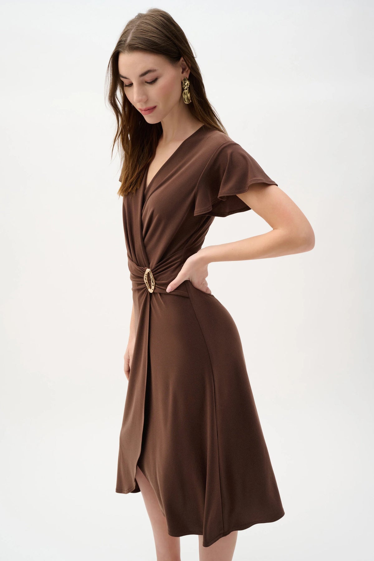 Joseph Ribkoff Mahogany Silky Knit Wrap Dress With Ruffled Sleeves