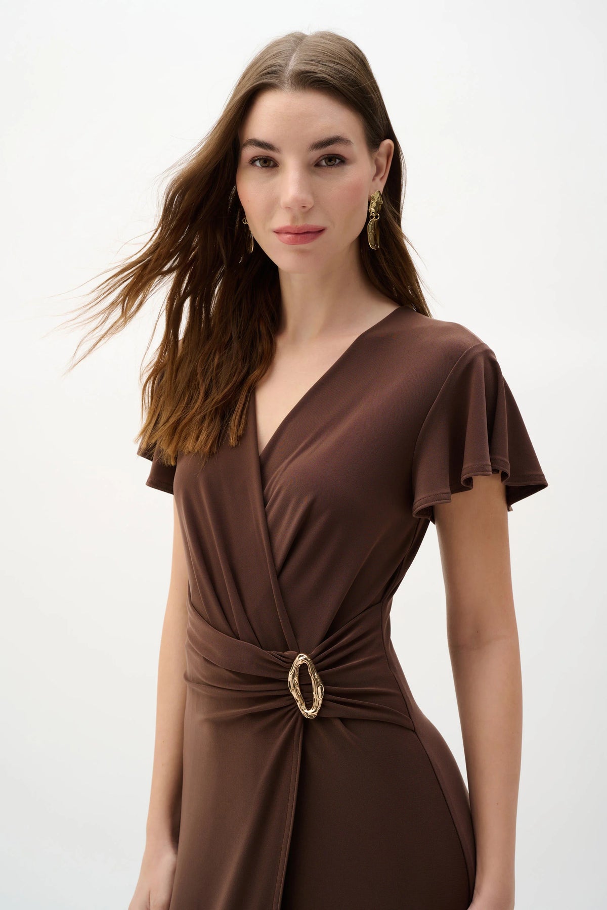 Joseph Ribkoff Mahogany Silky Knit Wrap Dress With Ruffled Sleeves