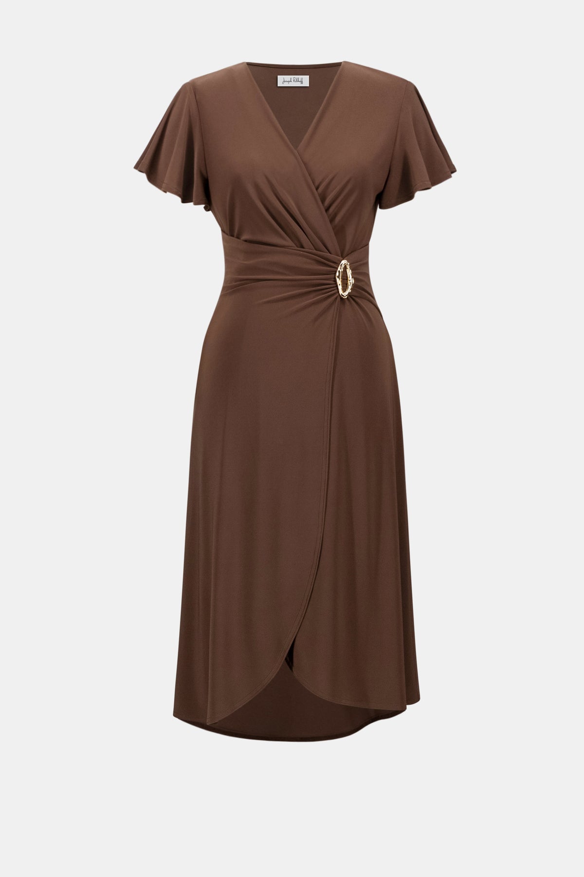 Joseph Ribkoff Mahogany Silky Knit Wrap Dress With Ruffled Sleeves