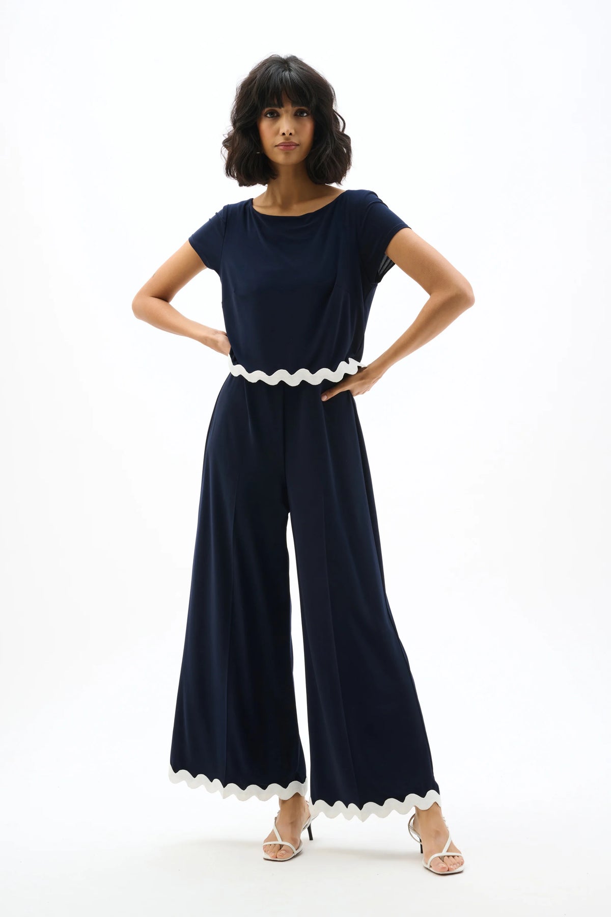 Joseph Ribkoff Midnight Blue/White Silky Knit Culotte Jumpsuit With Contrast Trim