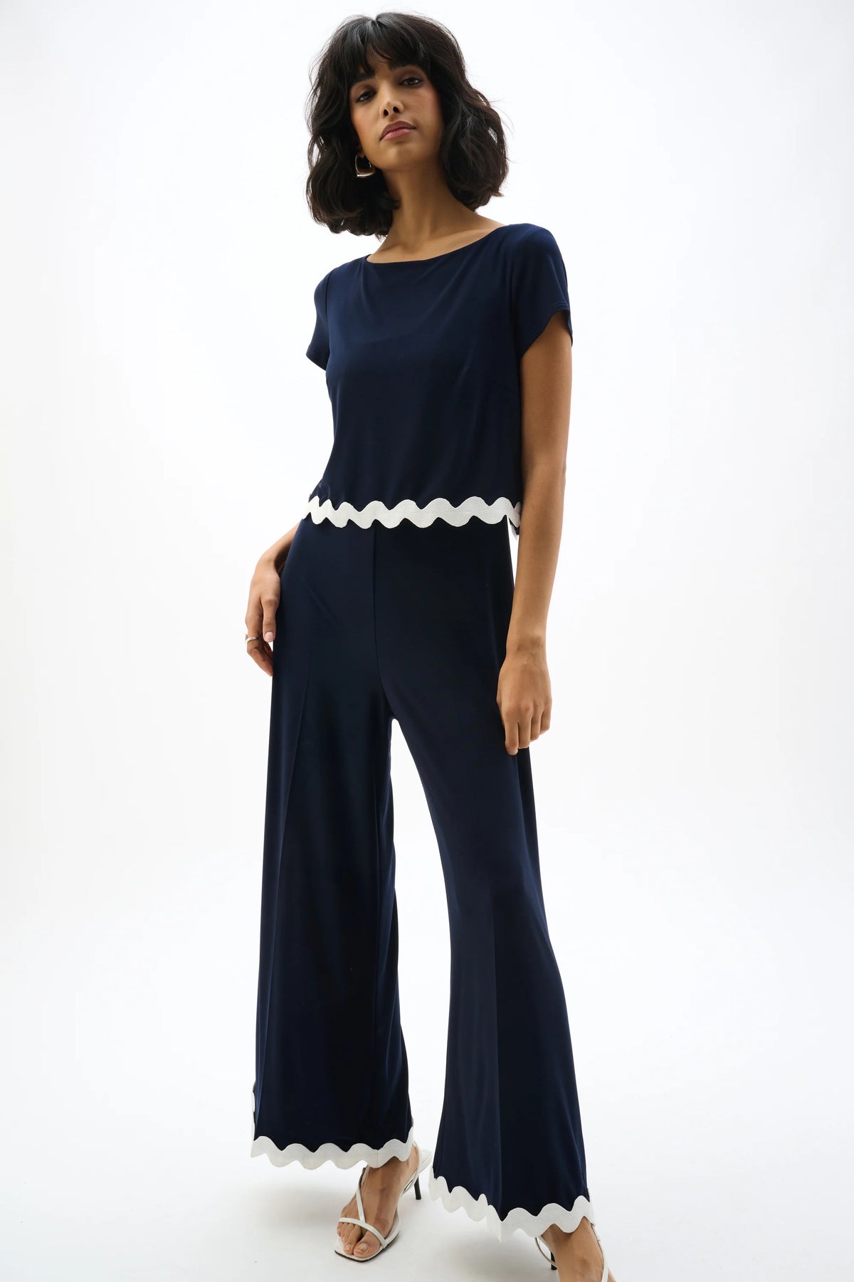 Joseph Ribkoff Midnight Blue/White Silky Knit Culotte Jumpsuit With Contrast Trim