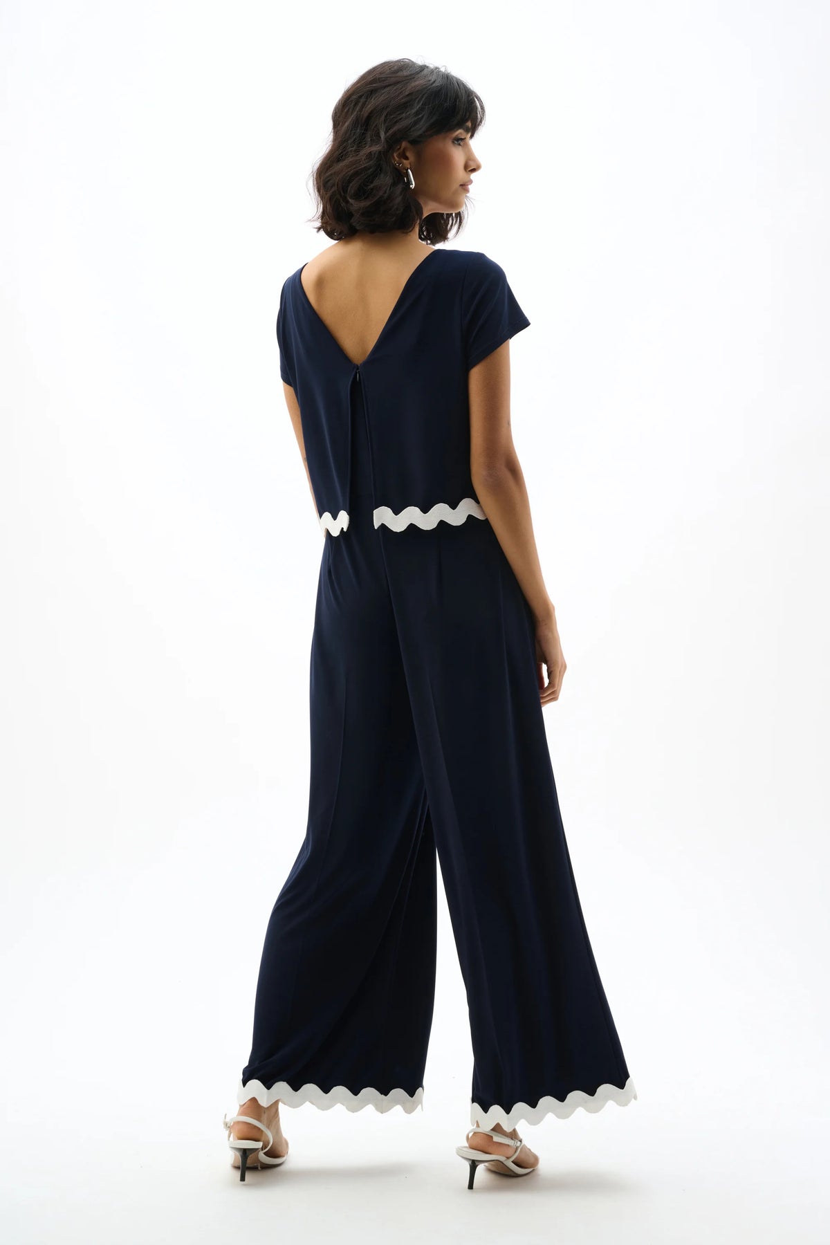 Joseph Ribkoff Midnight Blue/White Silky Knit Culotte Jumpsuit With Contrast Trim