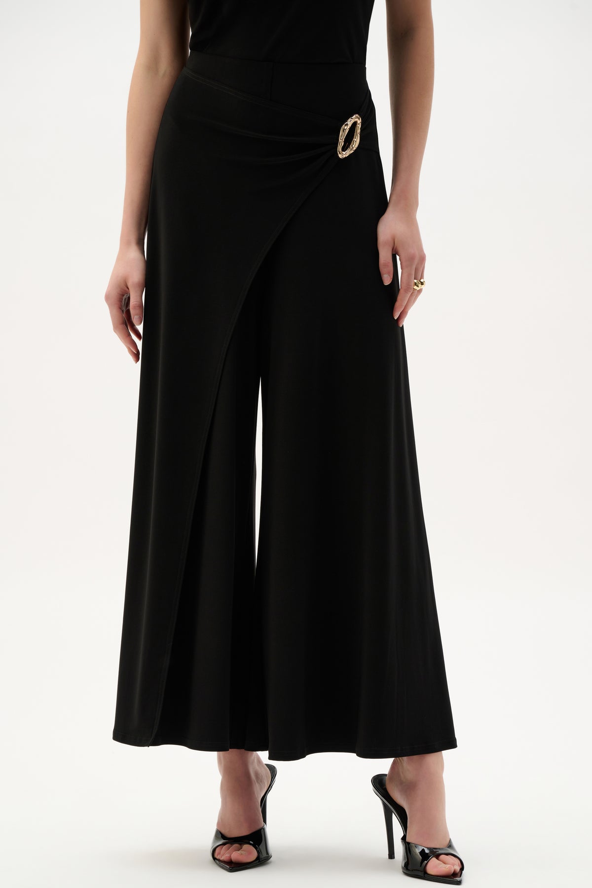 Joseph Ribkoff Black Silky Knit Culotte Pull-On Pants With Buckle Detail