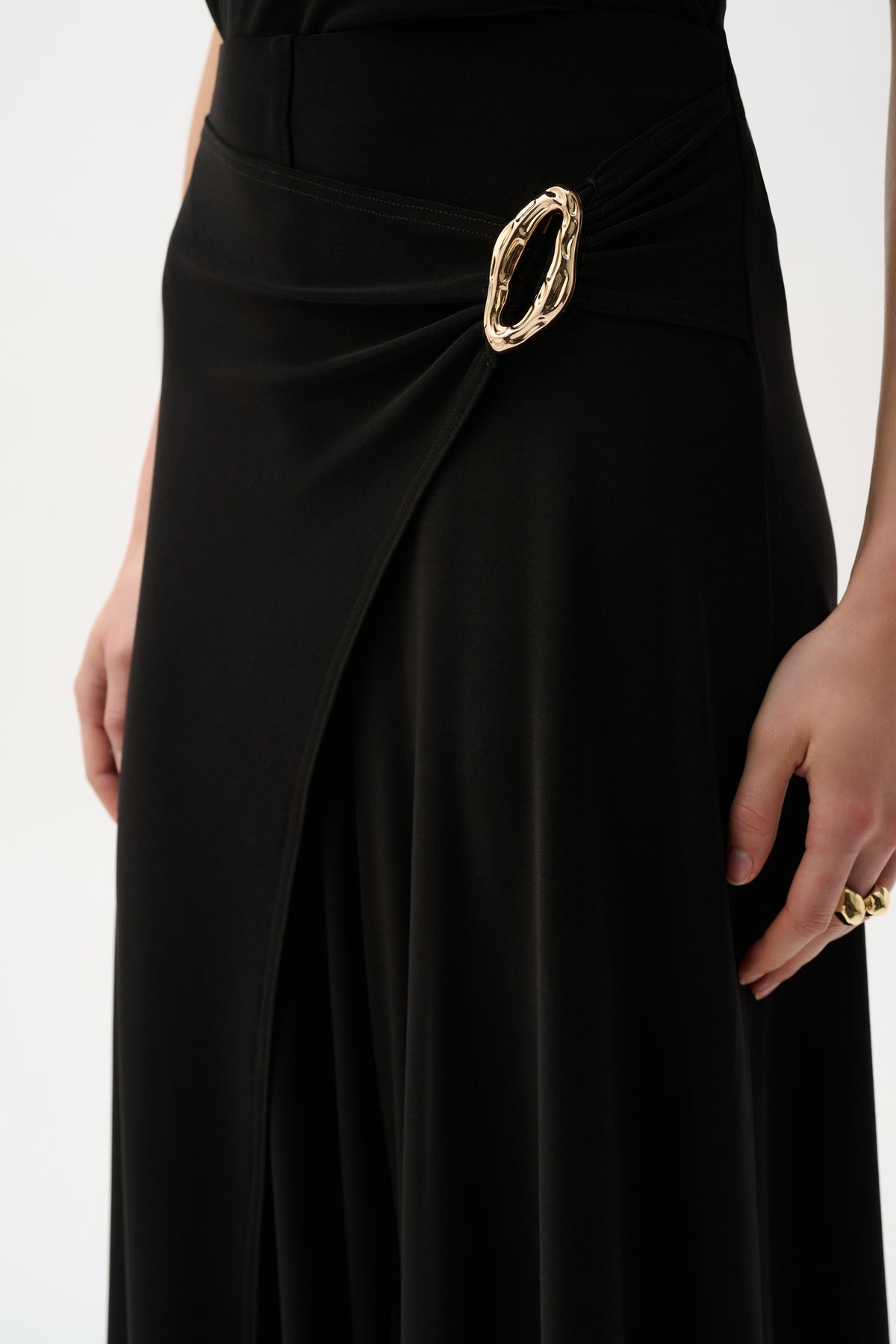 Joseph Ribkoff Black Silky Knit Culotte Pull-On Pants With Buckle Detail