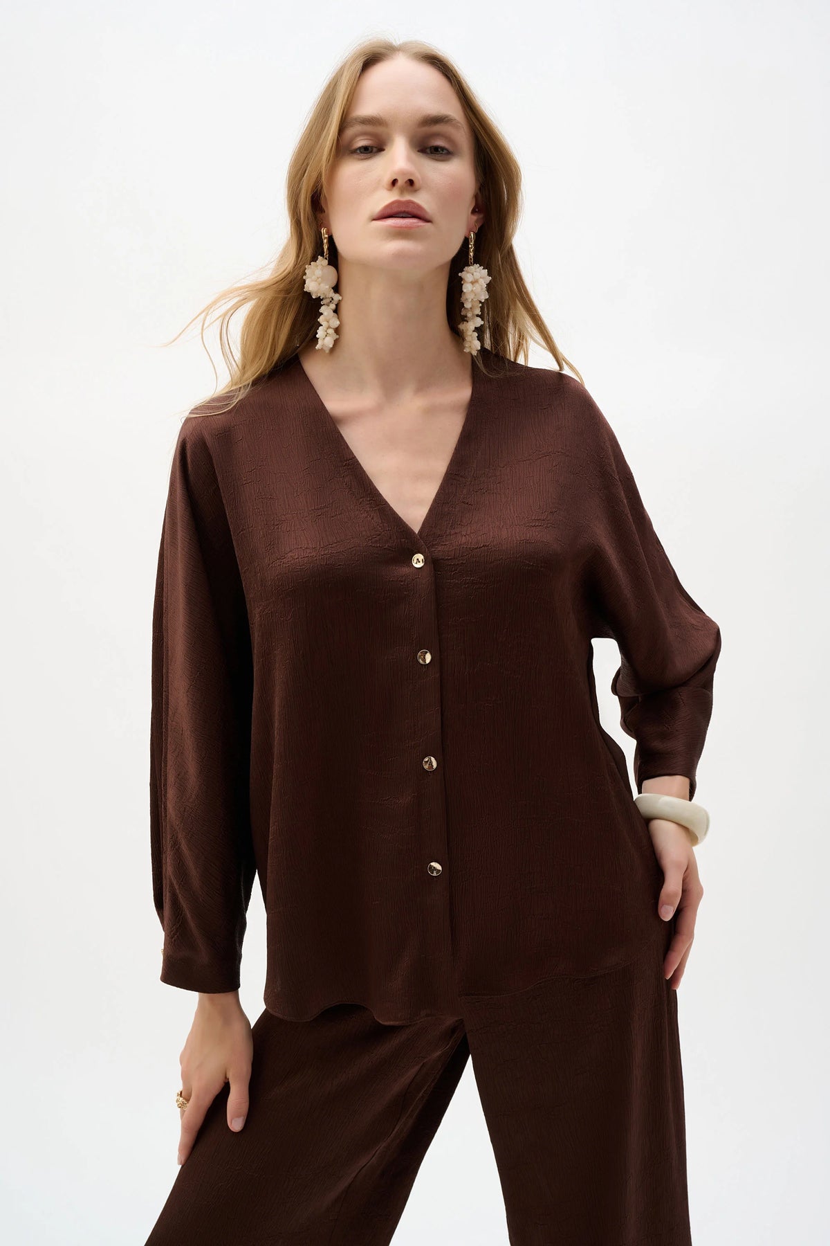 Joseph Ribkoff Mahogany Crushed Satin Boxy Top With Dolman Sleeves