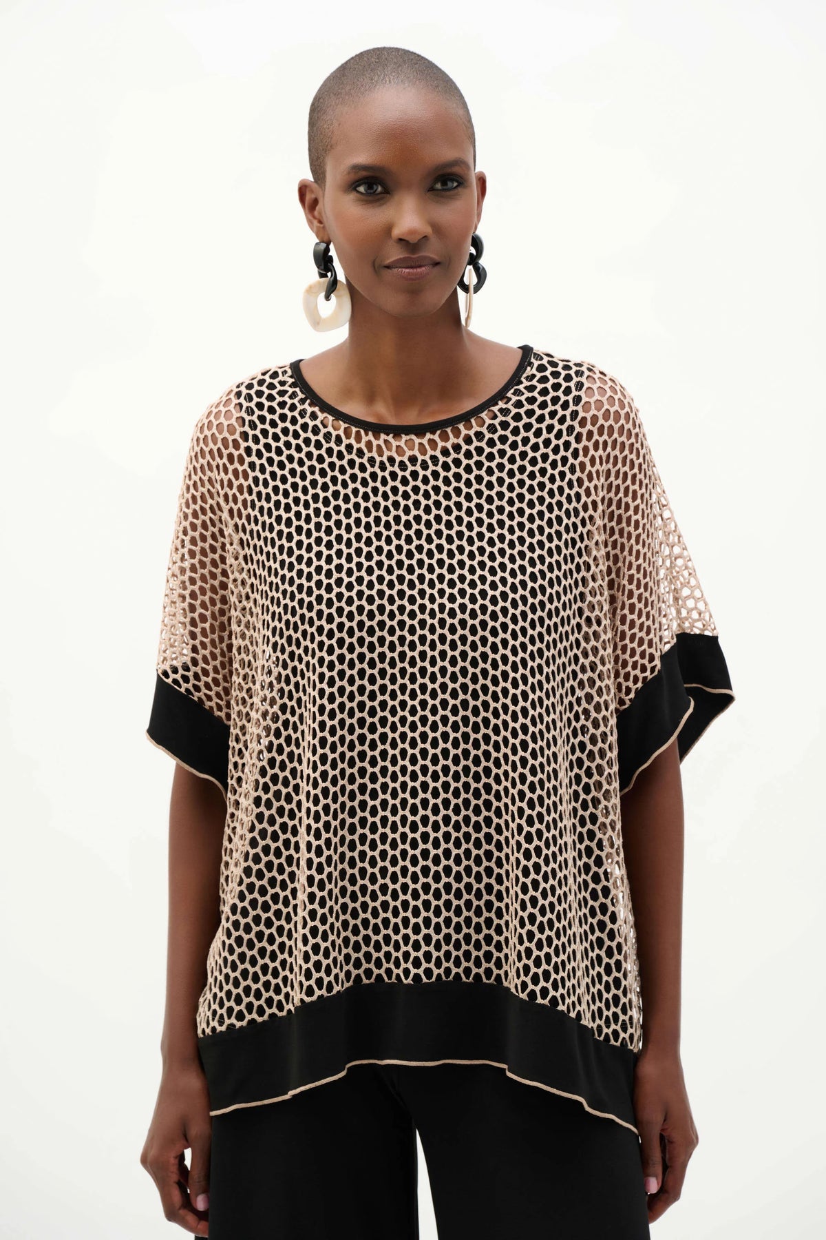 Joseph Ribkoff Beige/Black Silky Knit And Mesh Trapeze Top With Contrast Cuffs