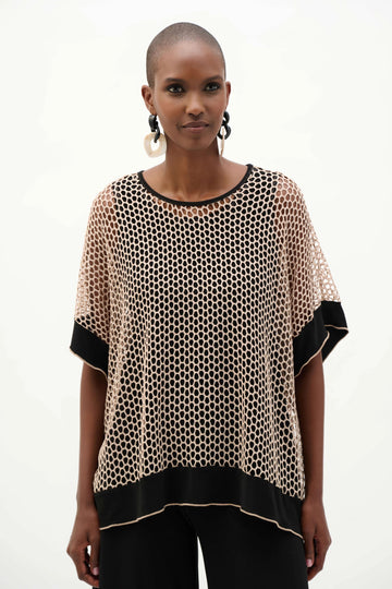 Joseph Ribkoff Beige/Black Silky Knit And Mesh Trapeze Top With Contrast Cuffs