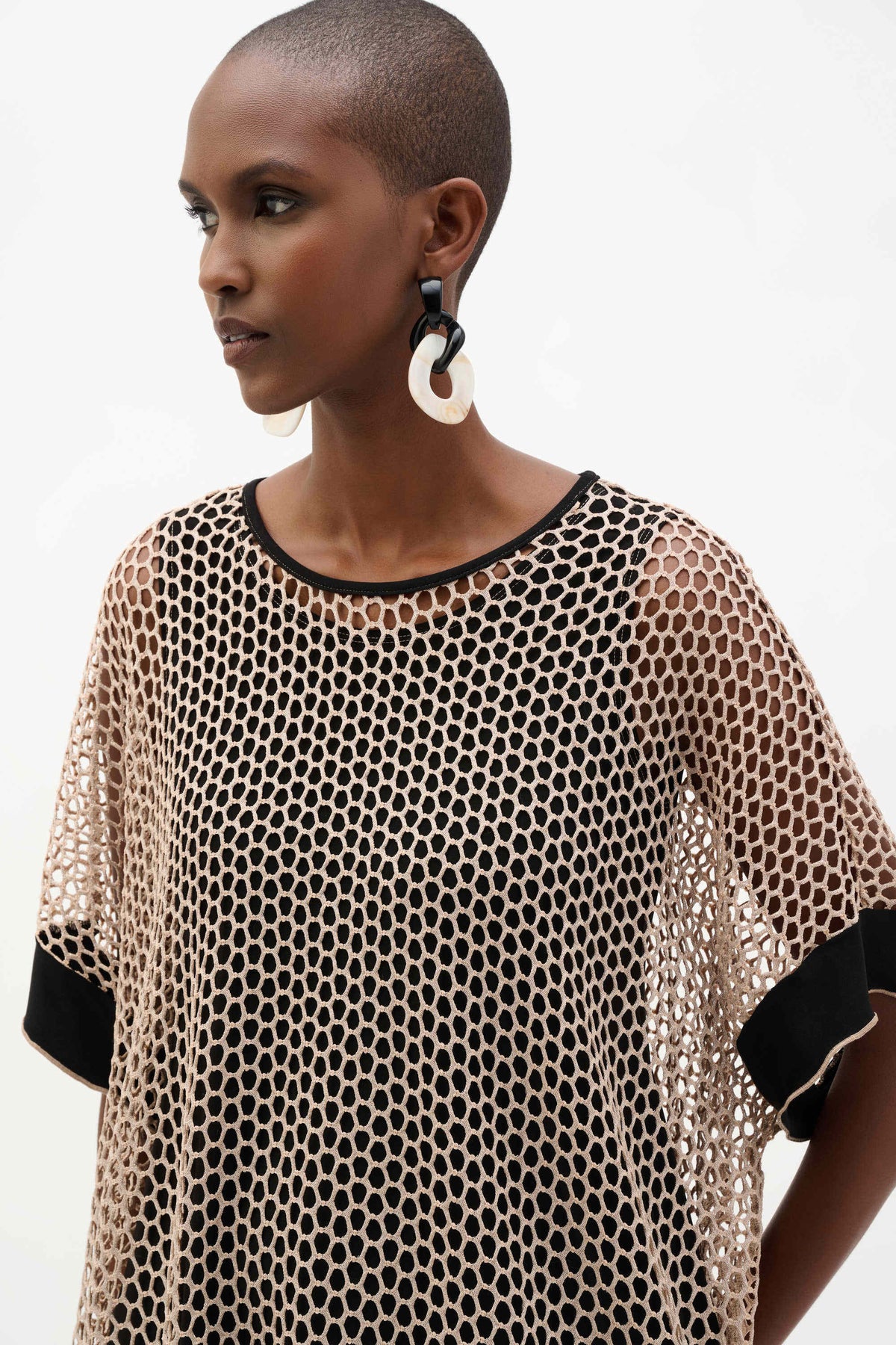 Joseph Ribkoff Beige/Black Silky Knit And Mesh Trapeze Top With Contrast Cuffs