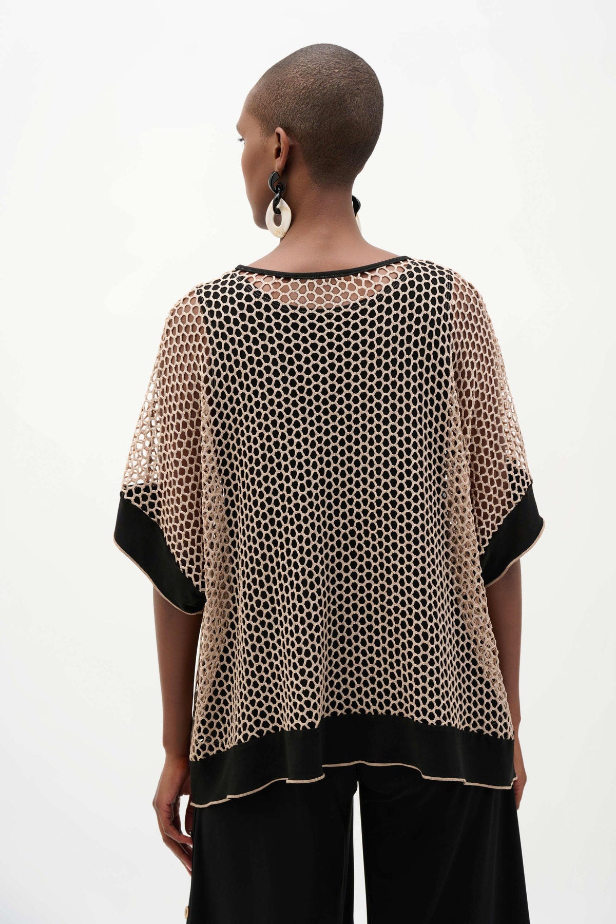 Joseph Ribkoff Beige/Black Silky Knit And Mesh Trapeze Top With Contrast Cuffs