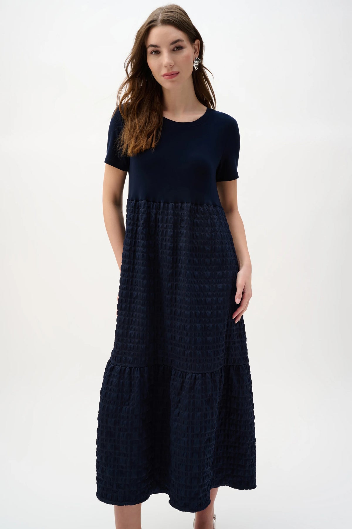 Joseph Ribkoff Midnight Blue Bubble Jacquard Trapeze Dress With Scoop Neckline