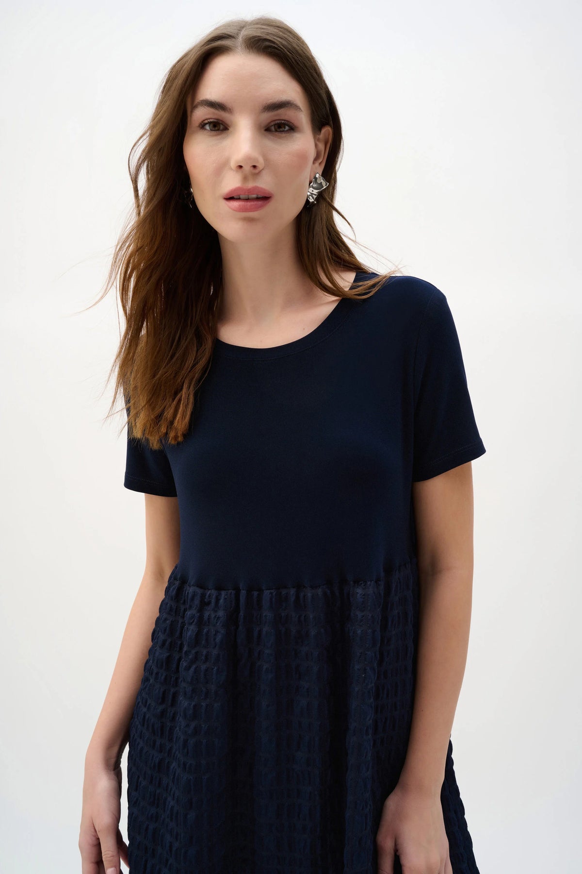 Joseph Ribkoff Midnight Blue Bubble Jacquard Trapeze Dress With Scoop Neckline
