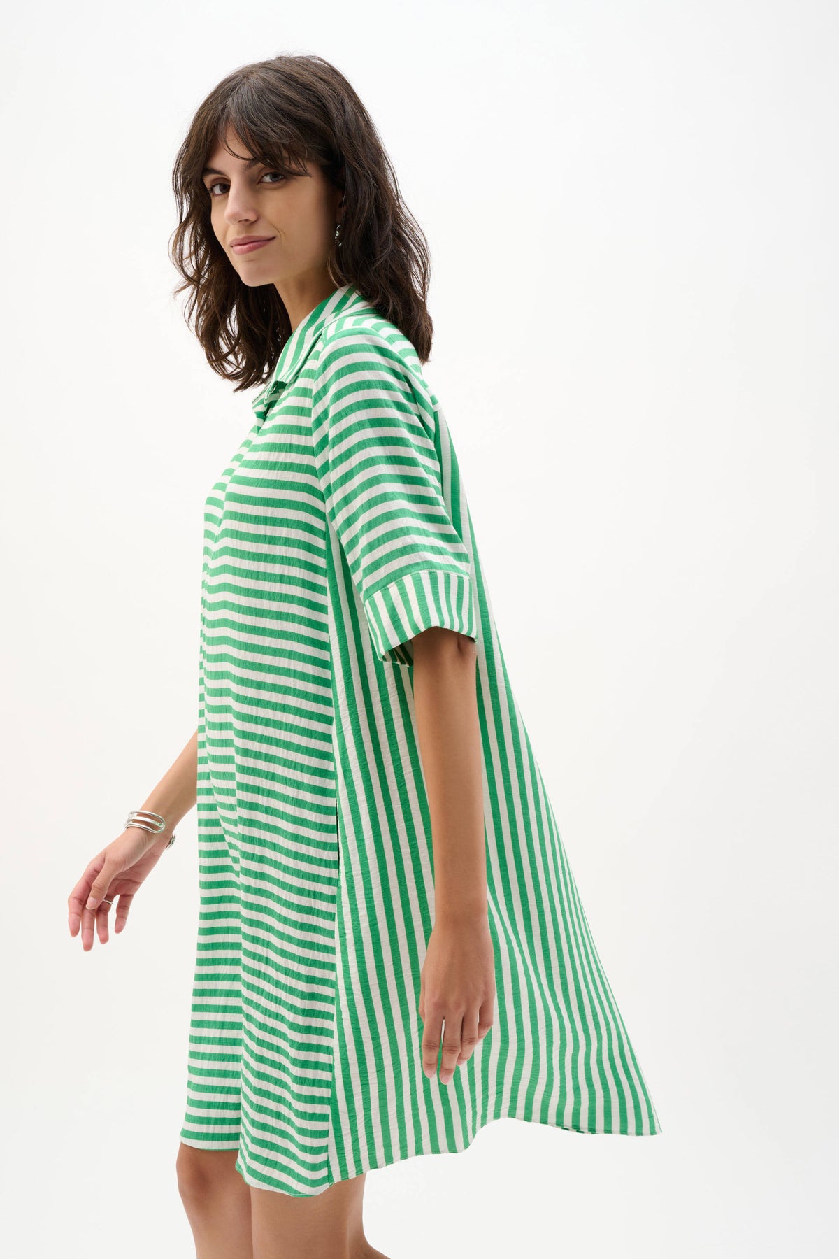 Joseph Ribkoff Green/Vanilla Woven Stripe Print Trapeze Dress
