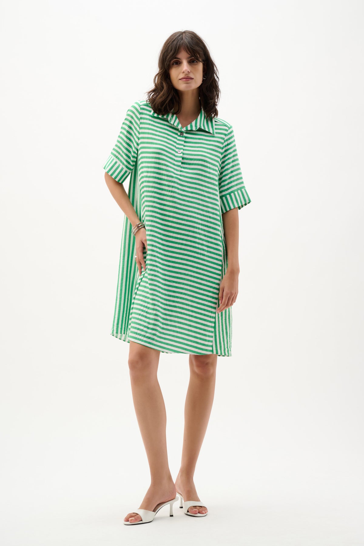 Joseph Ribkoff Green/Vanilla Woven Stripe Print Trapeze Dress