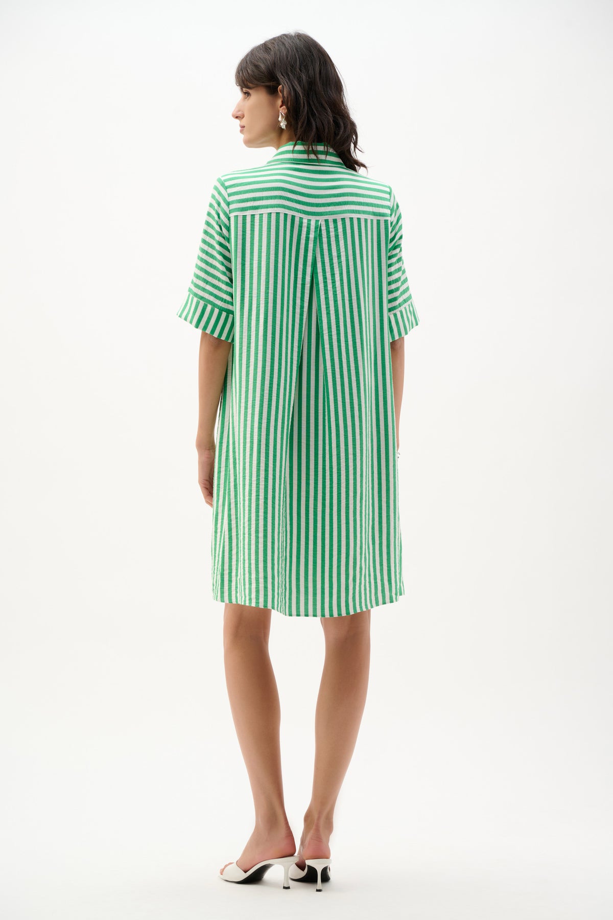 Joseph Ribkoff Green/Vanilla Woven Stripe Print Trapeze Dress