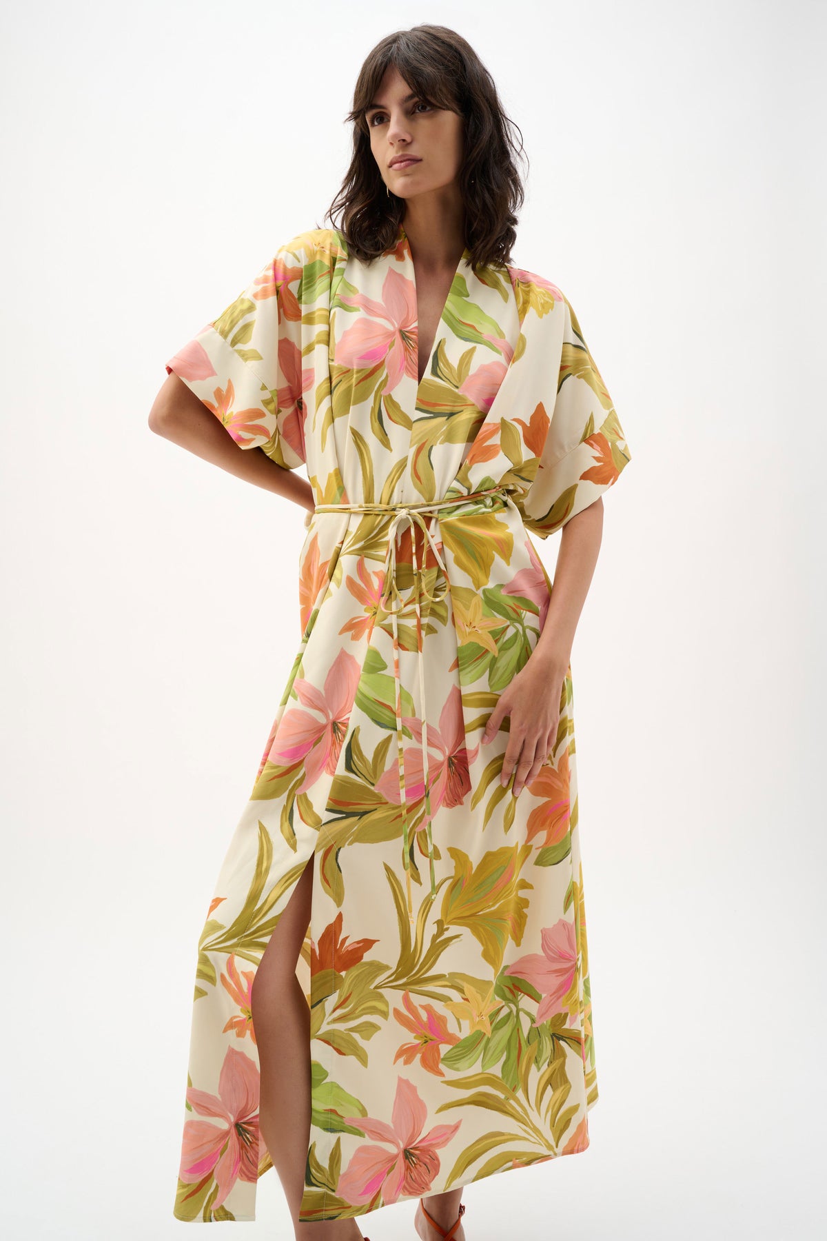 Joseph Ribkoff Beige/Multi Recycled Woven Tropical Print Fit And Flare Dress