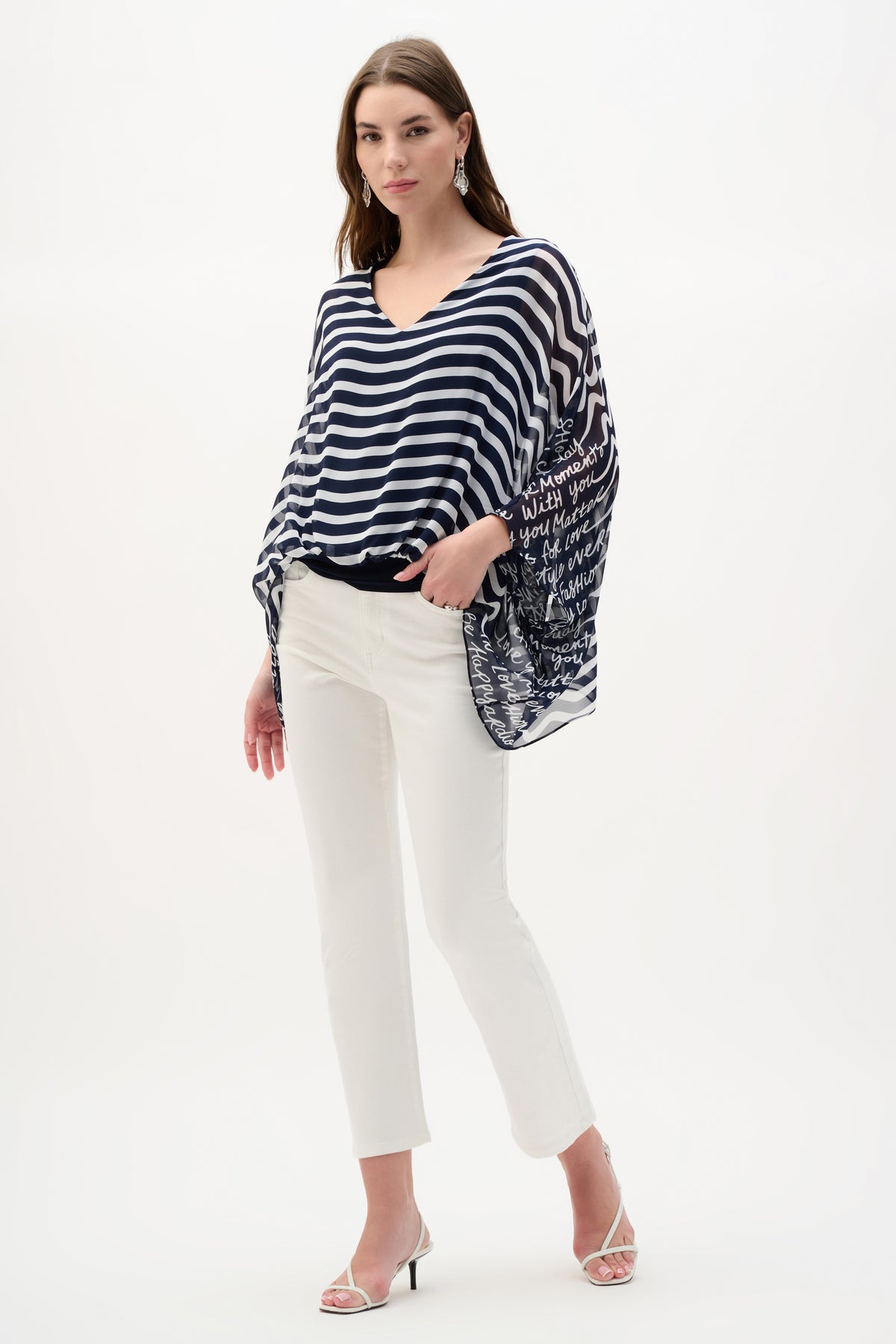 Joseph Ribkoff Midnight Blue/Vanilla Chiffon And Silky Knit Conversational Print Poncho Top