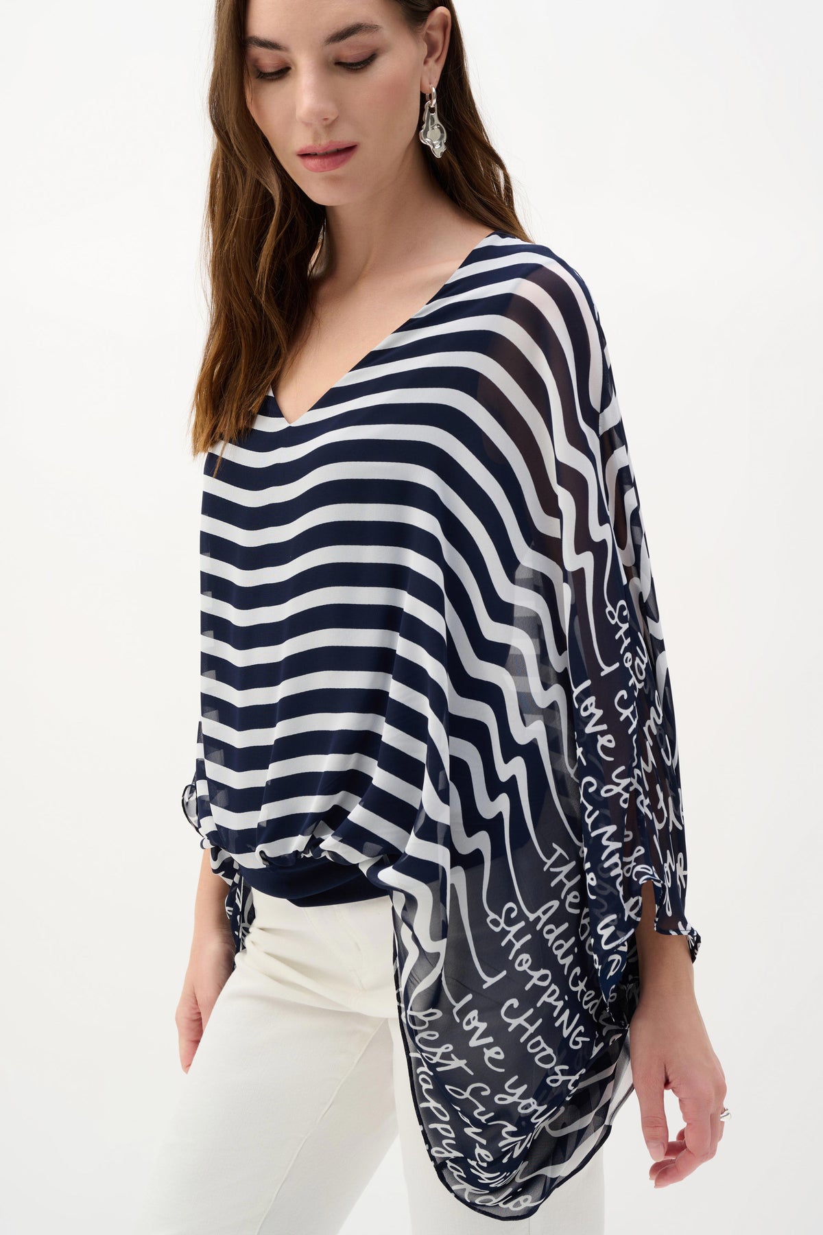 Joseph Ribkoff Midnight Blue/Vanilla Chiffon And Silky Knit Conversational Print Poncho Top