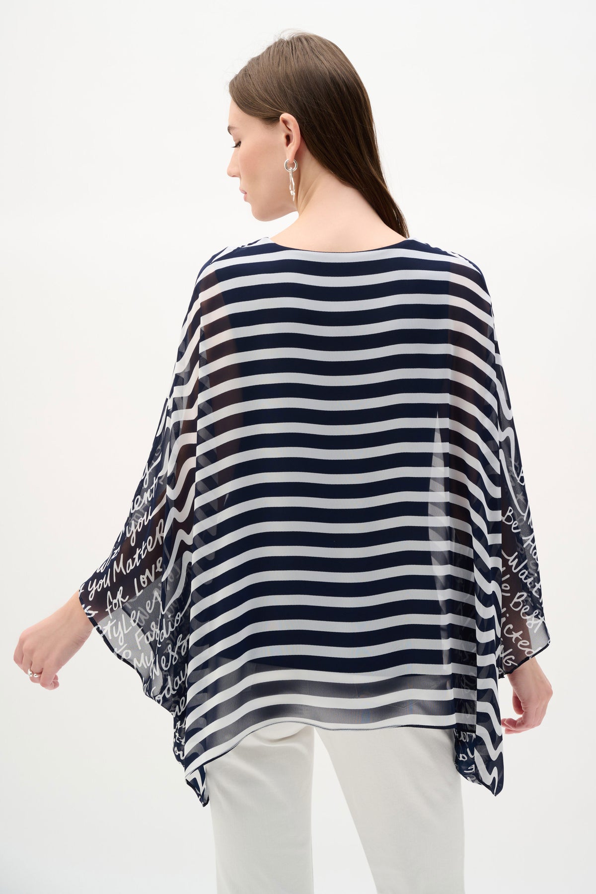 Joseph Ribkoff Midnight Blue/Vanilla Chiffon And Silky Knit Conversational Print Poncho Top