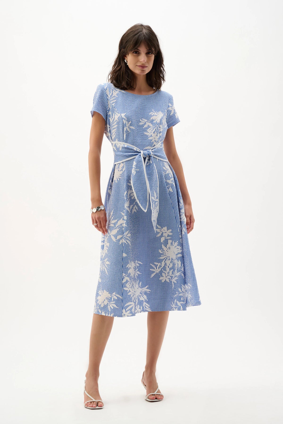 Joseph Ribkoff Vanilla/Blue Woven Seersucker Floral Print Fit And Flare Dress