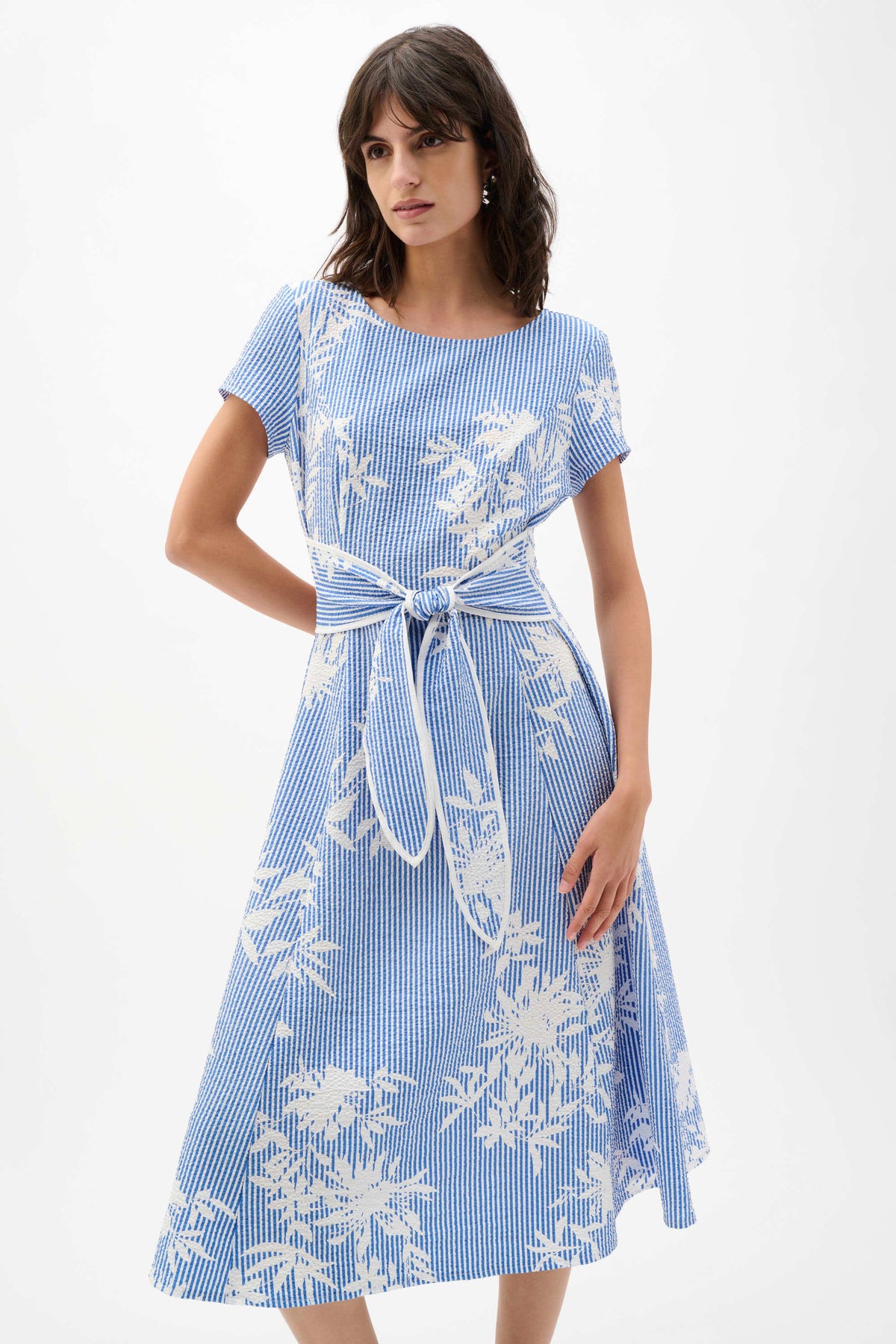Joseph Ribkoff Vanilla/Blue Woven Seersucker Floral Print Fit And Flare Dress