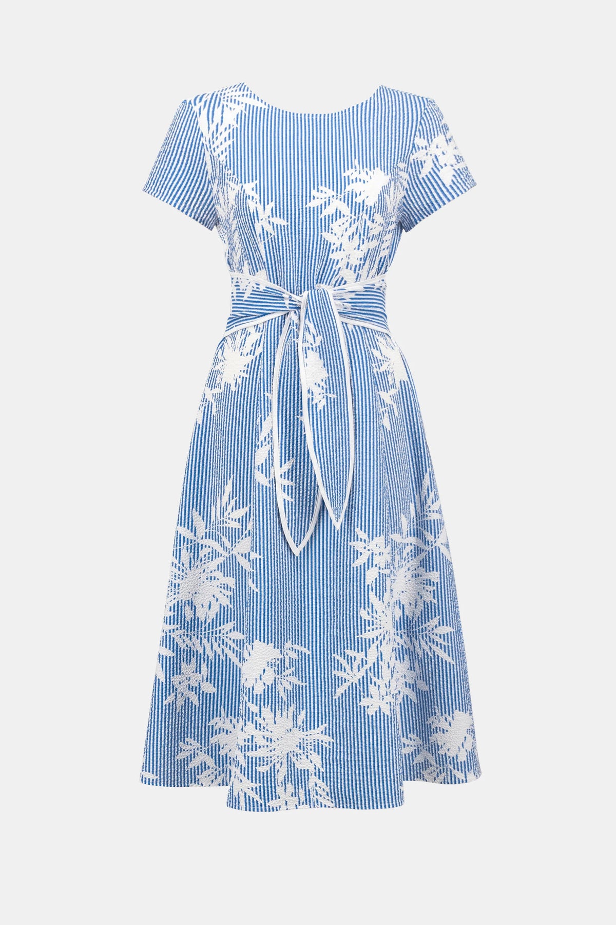 Joseph Ribkoff Vanilla/Blue Woven Seersucker Floral Print Fit And Flare Dress
