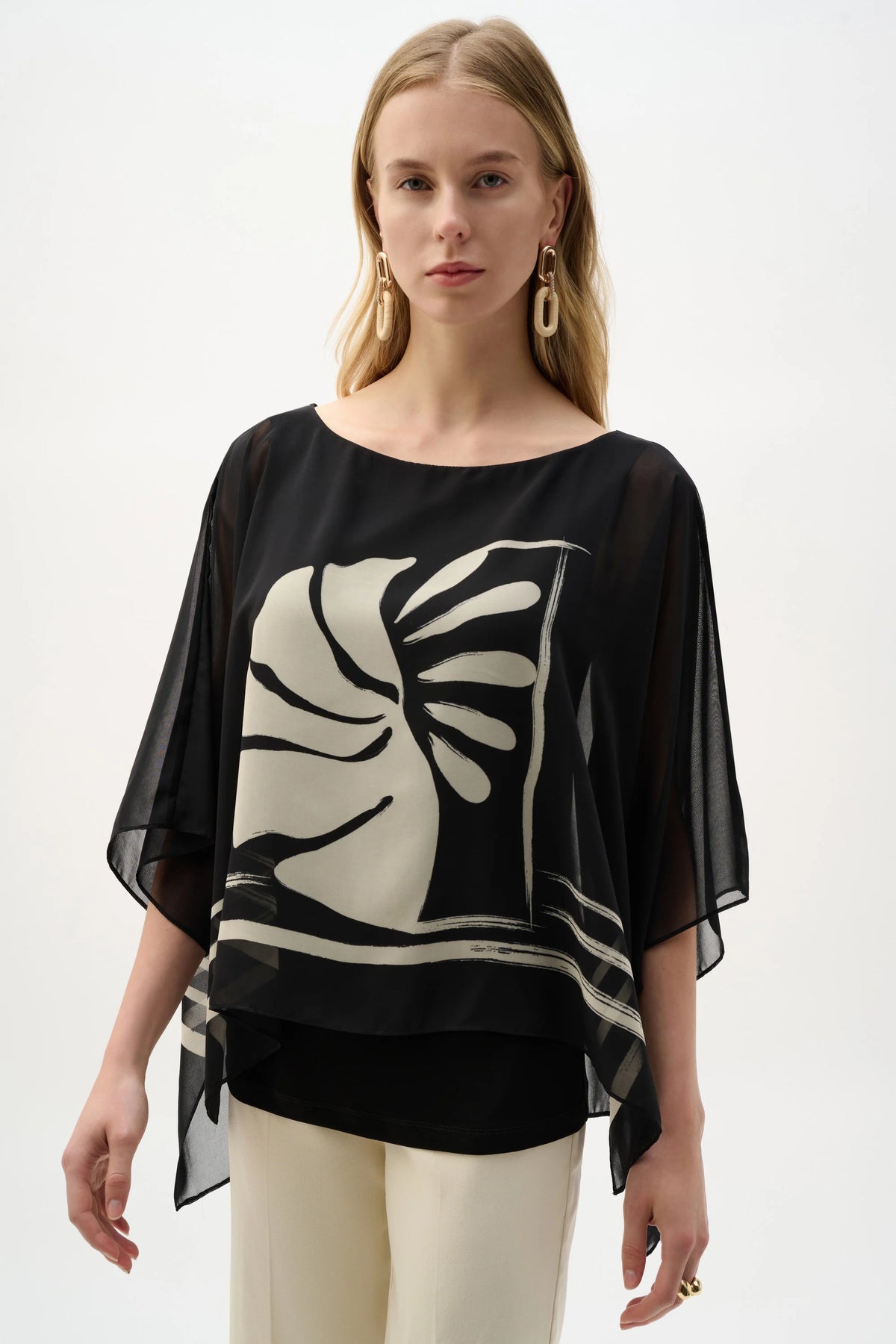 Joseph Ribkoff Black/Beige Sheer Woven Tropical Print And Silky Knit Poncho Top