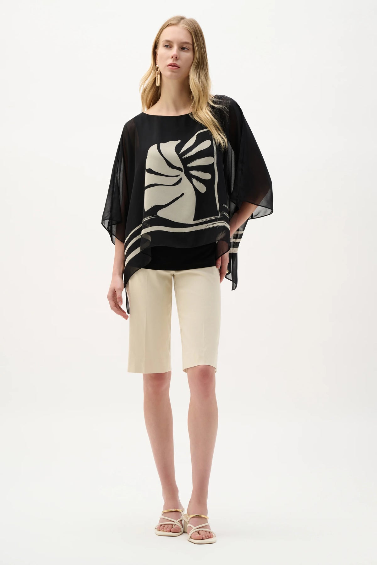 Joseph Ribkoff Black/Beige Sheer Woven Tropical Print And Silky Knit Poncho Top