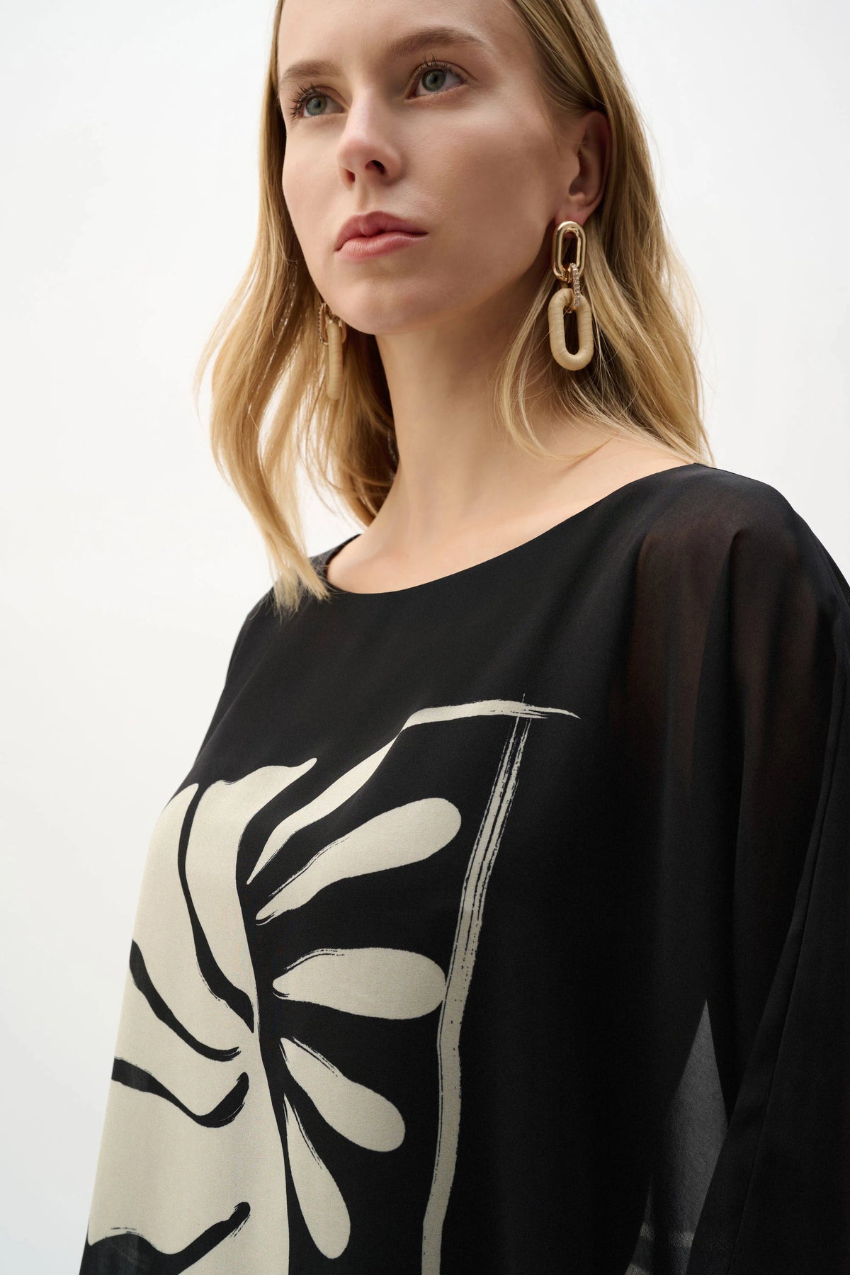Joseph Ribkoff Black/Beige Sheer Woven Tropical Print And Silky Knit Poncho Top