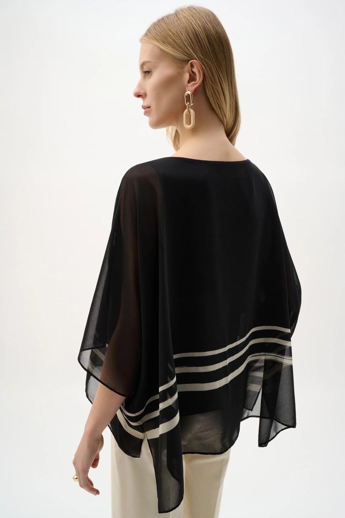 Joseph Ribkoff Black/Beige Sheer Woven Tropical Print And Silky Knit Poncho Top