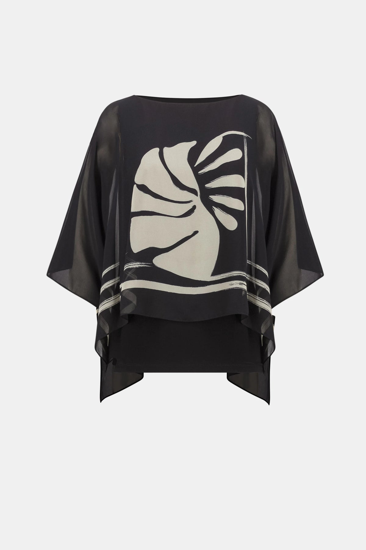 Joseph Ribkoff Black/Beige Sheer Woven Tropical Print And Silky Knit Poncho Top