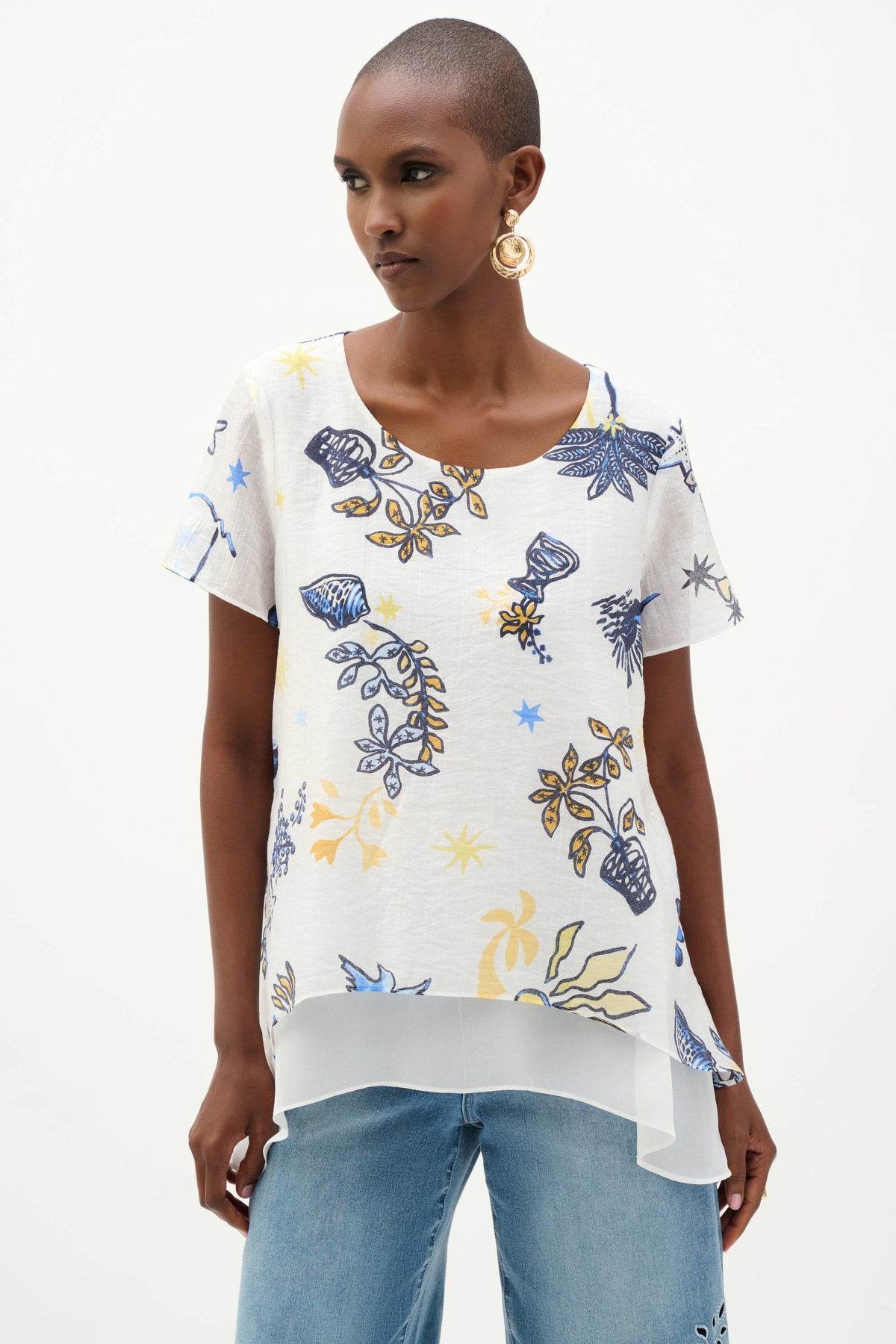 Joseph Ribkoff Multi Sheer Woven Tropical Print Trapeze Tunic