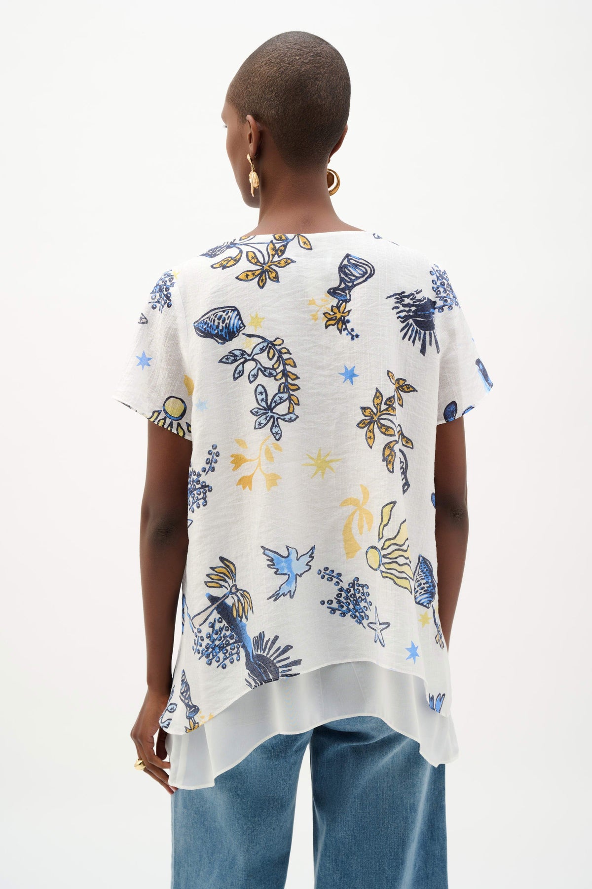 Joseph Ribkoff Multi Sheer Woven Tropical Print Trapeze Tunic