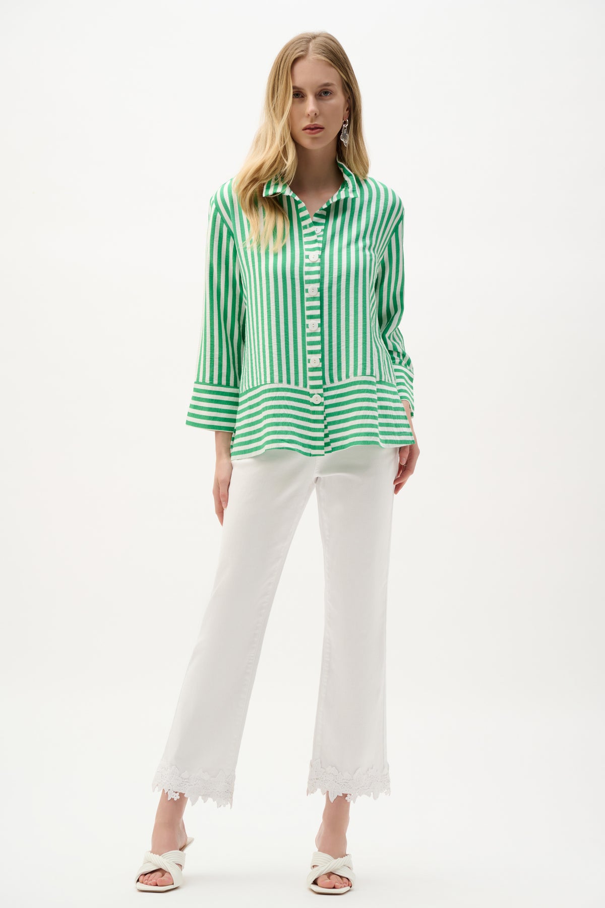 Joseph Ribkoff Green/Vanilla Woven Stripe Print Straight Jacket