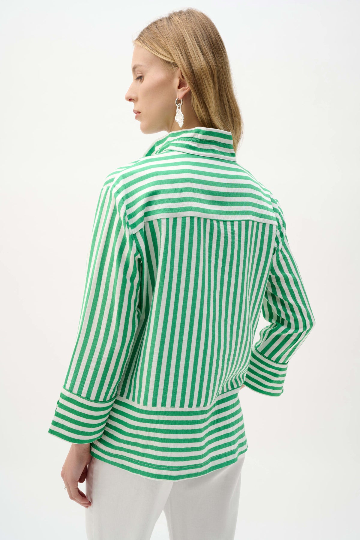 Joseph Ribkoff Green/Vanilla Woven Stripe Print Straight Jacket