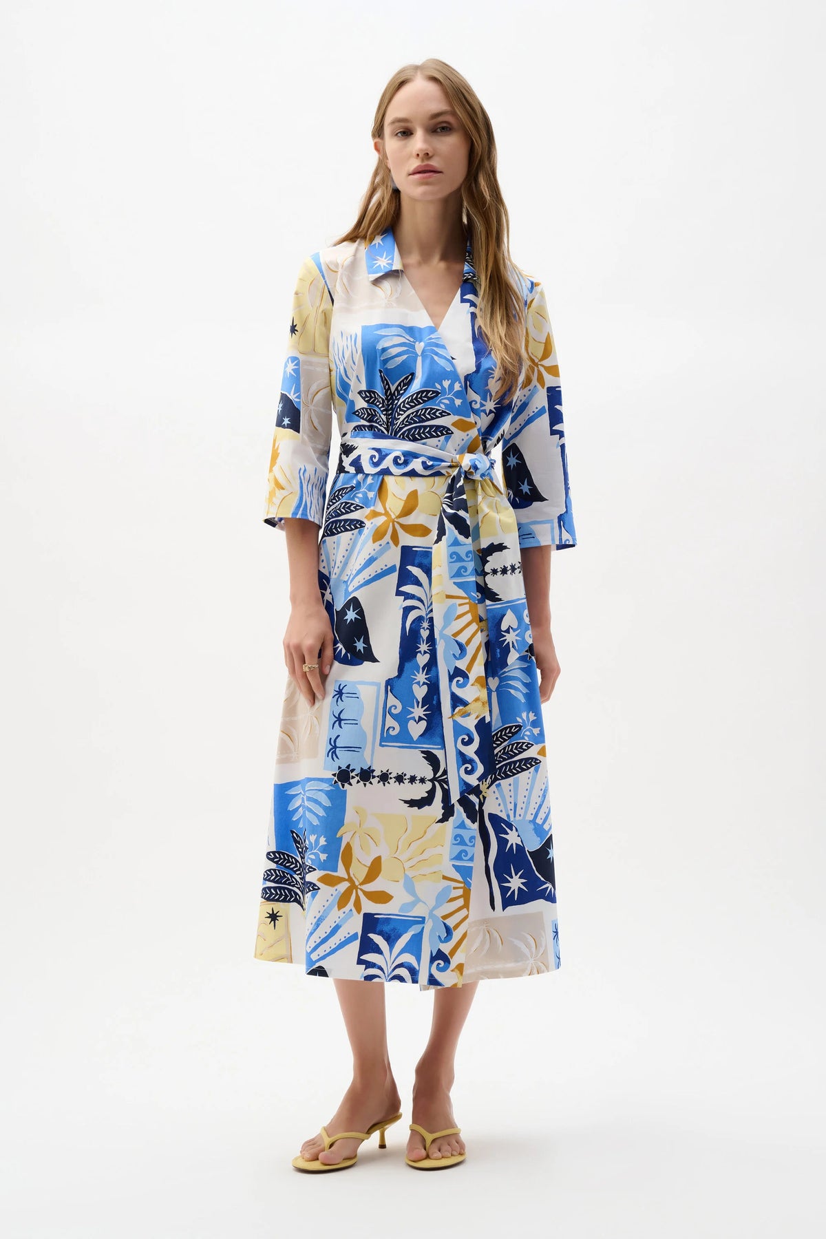 Joseph Ribkoff Vanilla/Multi Stretch Cotton Tropical Print A-Line Wrap Dress