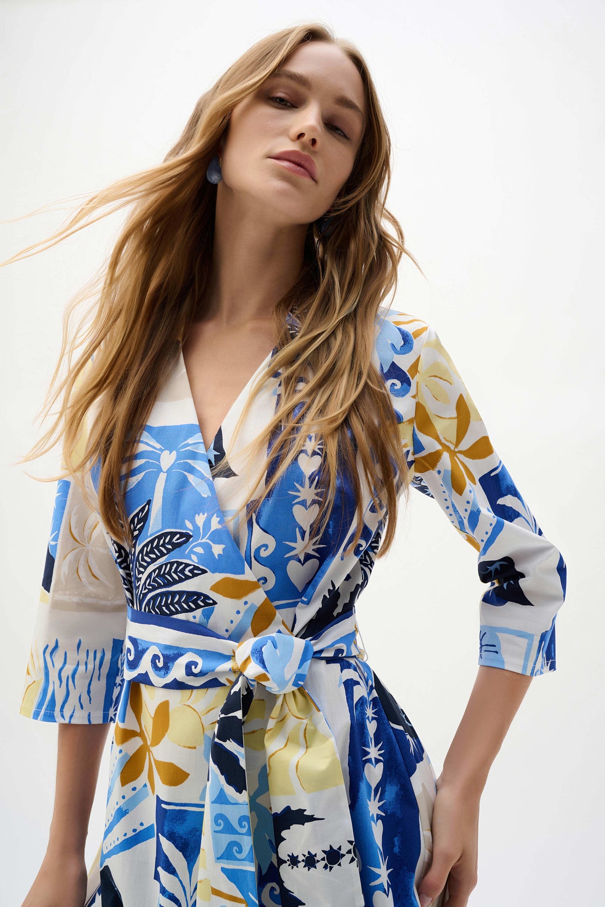 Joseph Ribkoff Vanilla/Multi Stretch Cotton Tropical Print A-Line Wrap Dress