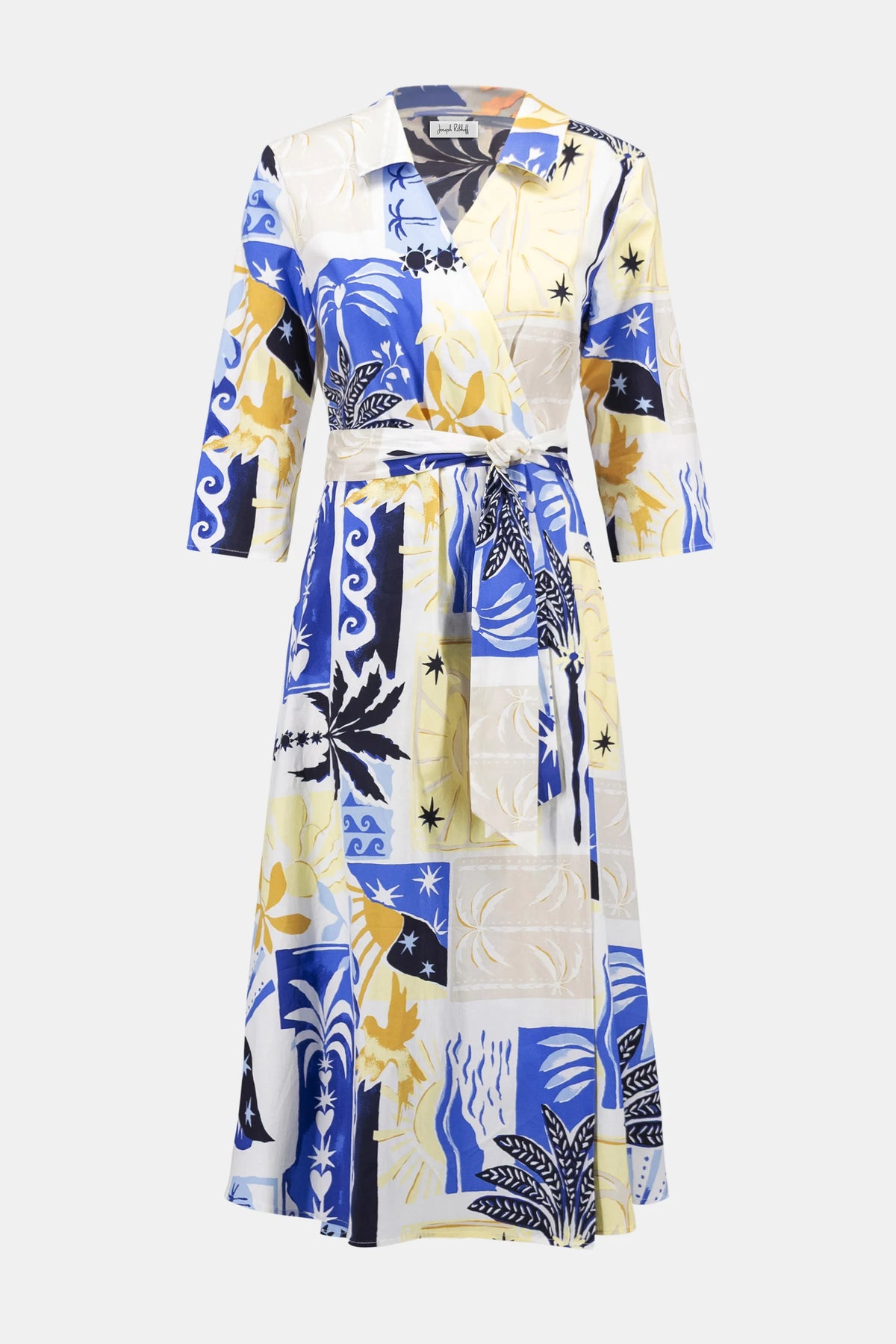 Joseph Ribkoff Vanilla/Multi Stretch Cotton Tropical Print A-Line Wrap Dress