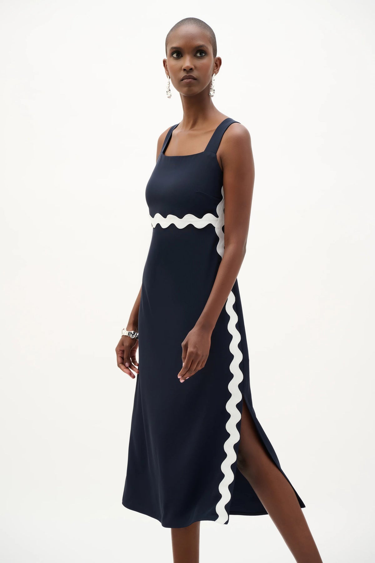 Joseph Ribkoff Midnight Blue/Vanilla Woven Twill Straight Dress With Contras Trim