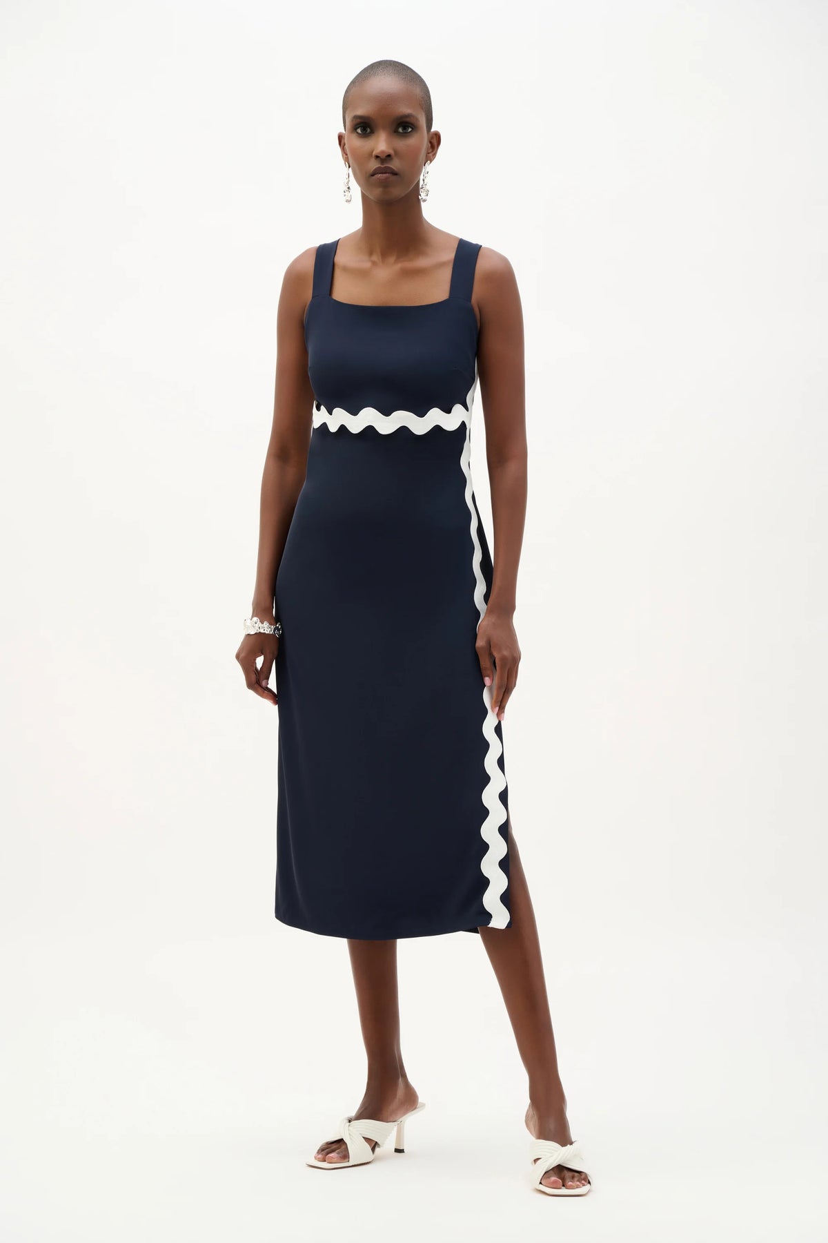 Joseph Ribkoff Midnight Blue/Vanilla Woven Twill Straight Dress With Contras Trim