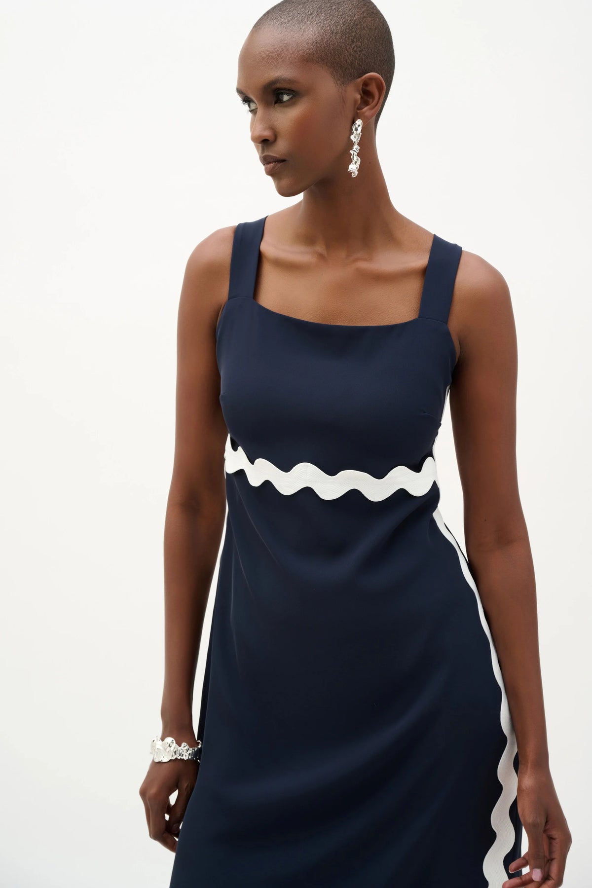 Joseph Ribkoff Midnight Blue/Vanilla Woven Twill Straight Dress With Contras Trim