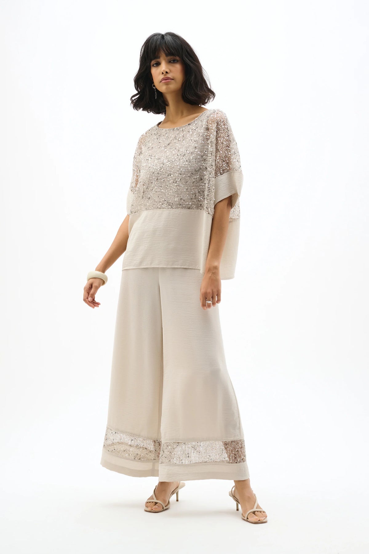 Joseph Ribkoff Moonstone Gauze Pull-On Culotte Pants With Sequined Mesh Inserts