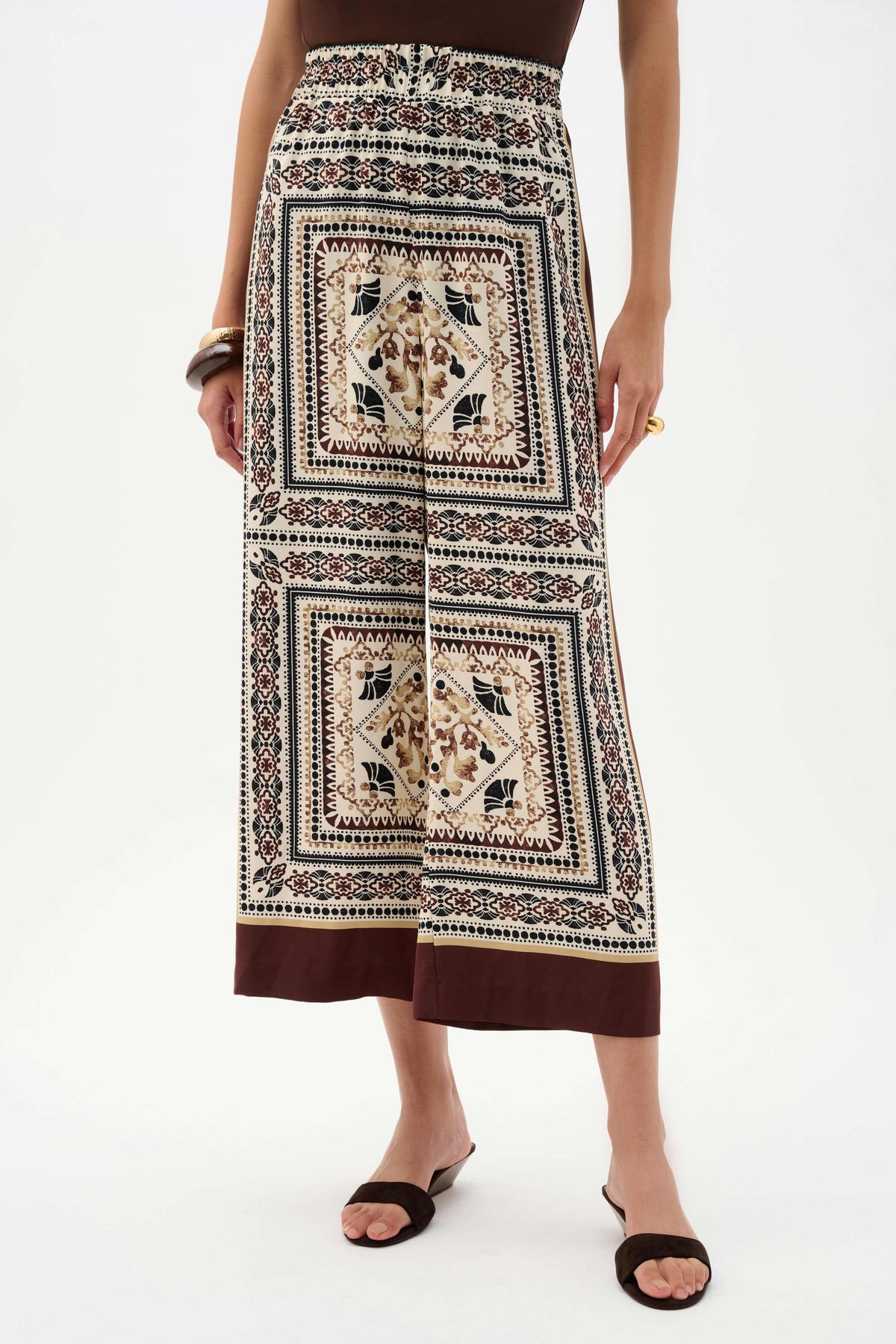 Joseph Ribkoff Beige/Multi Scarf Print Wide-Leg Pull-On Pants